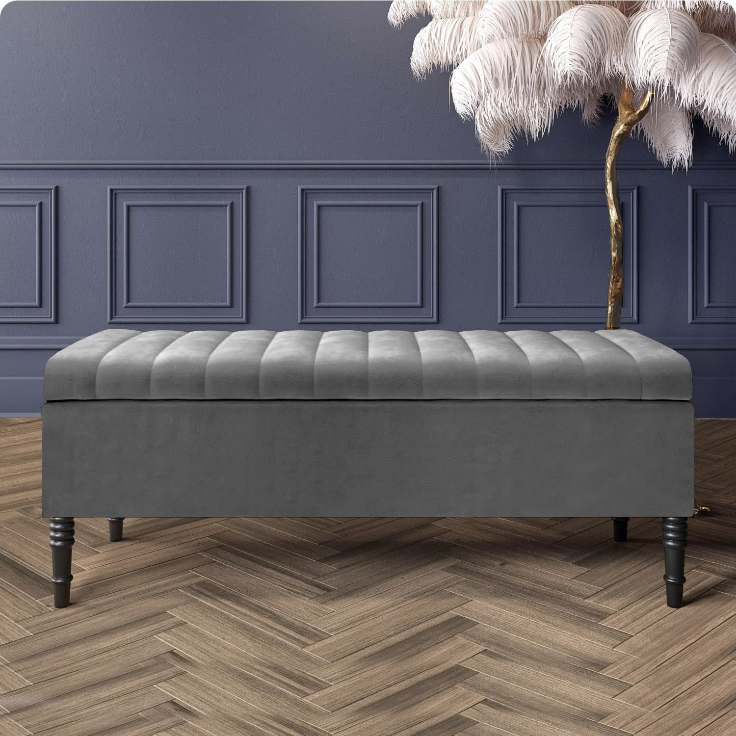 Paris Velvet Ottoman Storage Bench with Legs, End of Bed Blanket Box with Extra Deep Hidden Storage & Hinged Lid, Upholstered Ottoman Storage Box, Shoe Storage Ottoman, Padded Entryway Seat