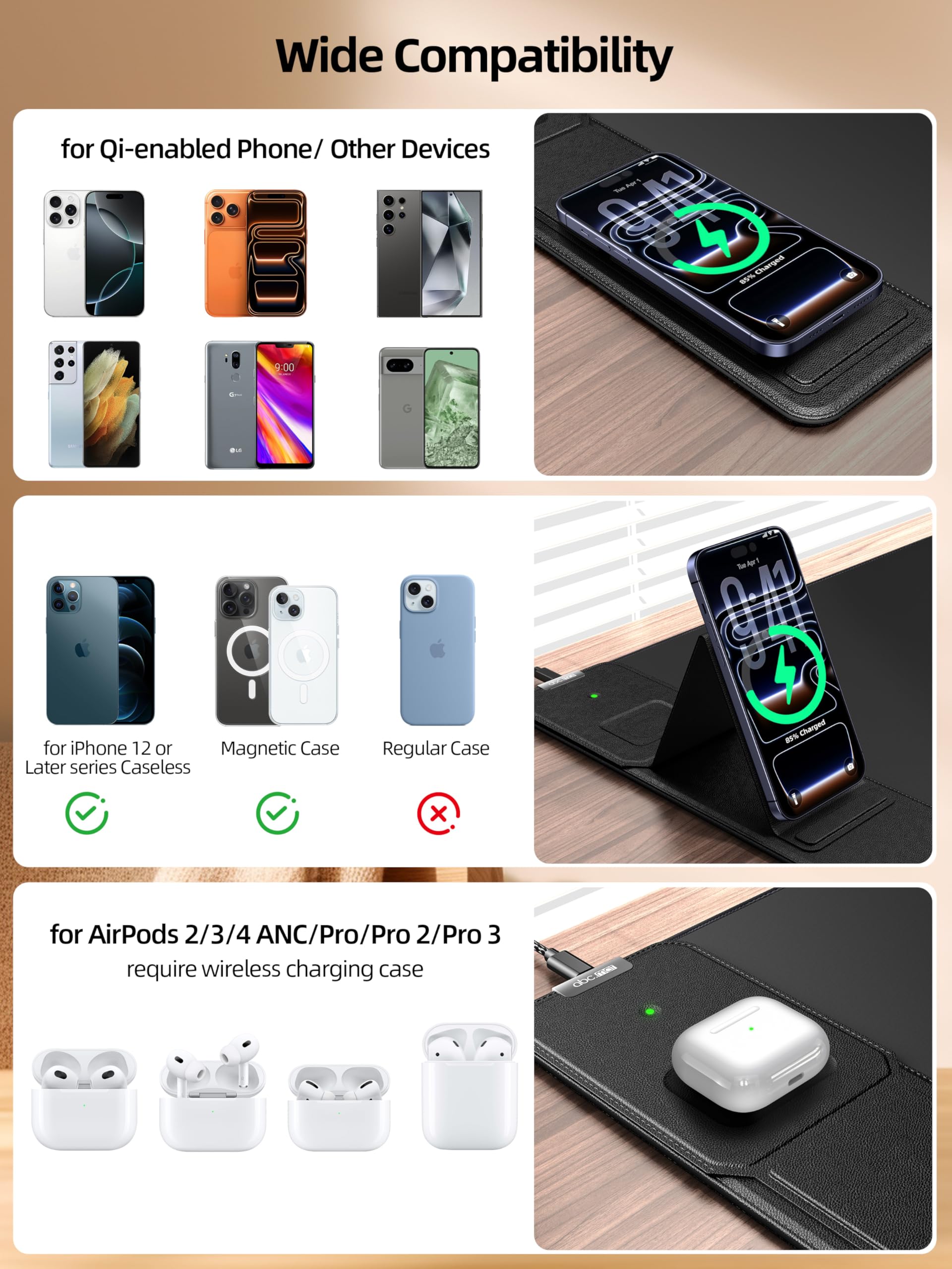 Alfombrilla de mouse con carga inalámbrica magnética y soporte ajustable para teléfono, alfombrilla de escritorio extendida de 31.5 x 15.8 pulgadas, almohadilla de teclado ultra suave impermeable
