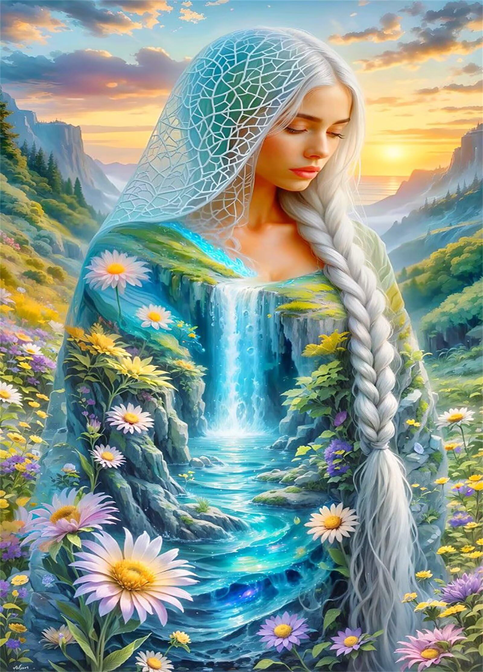 2000 Teile Puzzle Für Erwachsene,Fantasy-Wasserfall-Blumenmädchen DIY-Puzzle,Kreative Unterhaltung, Spaß, Klassisches Puzzles Familienspiele