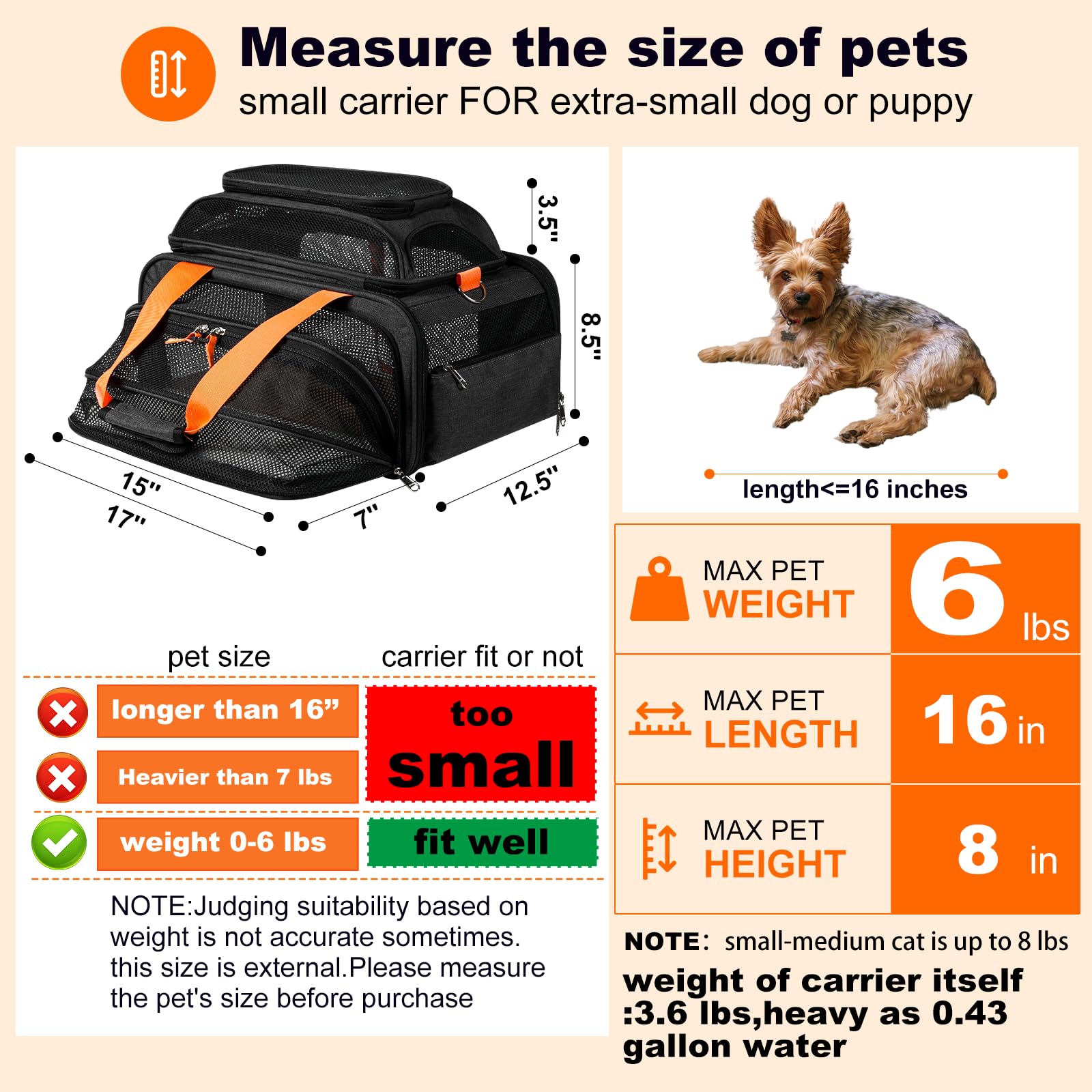 17x12.5x8.5 TSA Approved Expandable pet Carrier for Extra-Small Dog Under 6 lbs,Small-Medium cat Under 8 lbs,for jetblue and Other Airlines only Have 8.5'' Height Space underseat - image 3