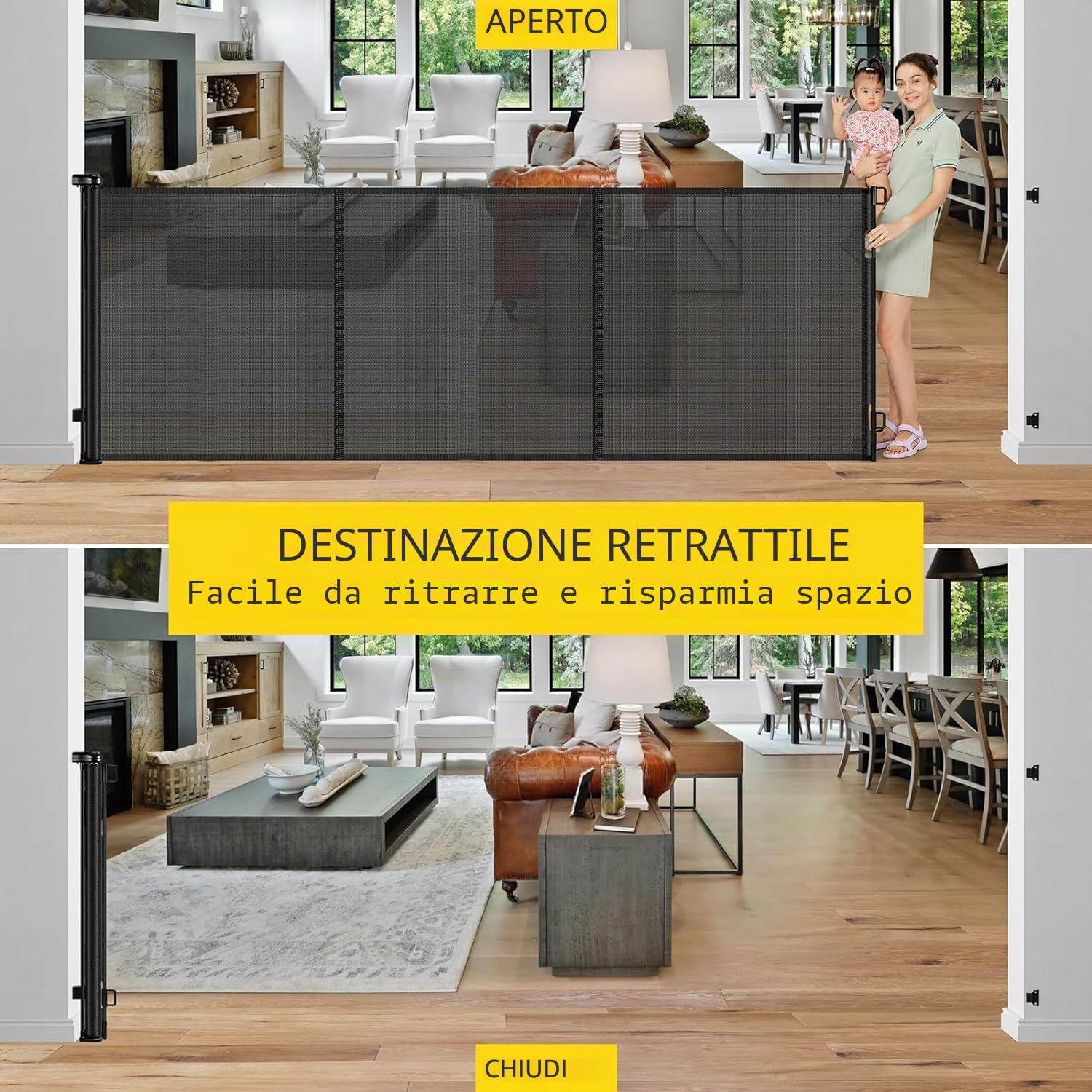 Cancello di Sicurezza Estensibile per Bambini e Cani, Installazione a Scala e Porta, 0-200 cm, Apertura con Una Mano (Grigio, 7M)