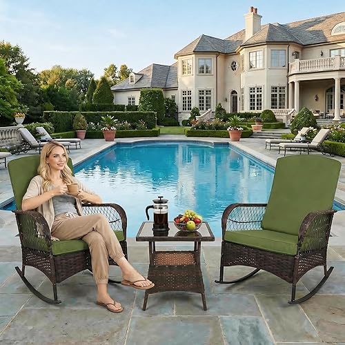 CHABATREE 3 pcs Rocking Bistro Set Conversation Chairs PE Wicker