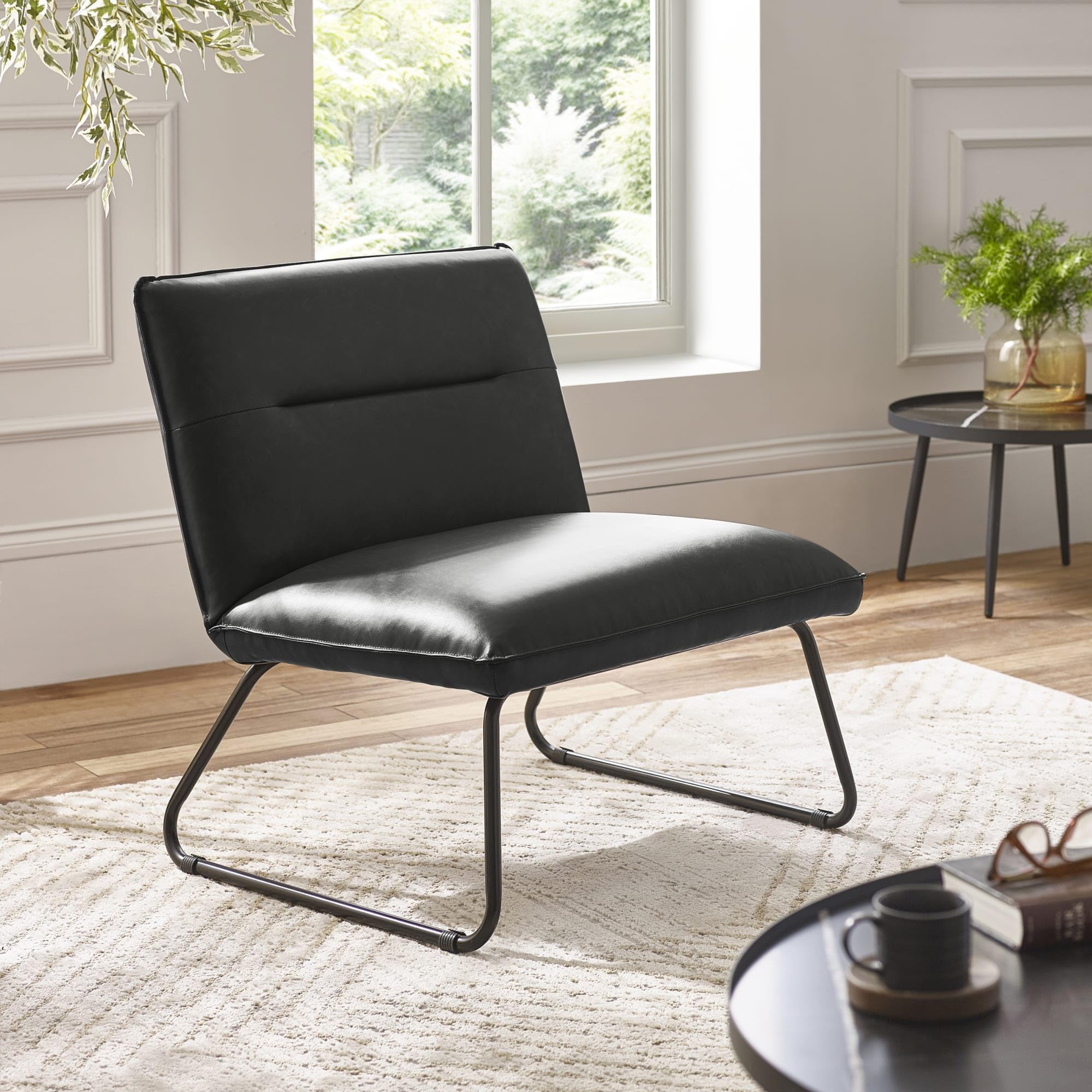 Julian Bowen Saxon Black Accent Chair, Faux Leather Padded Lounge Chair with Metal Cantilever Base - 74 x 71 x 69cm
