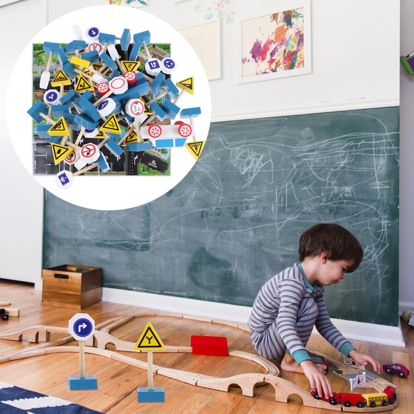 Set Giocattoli Segnali Stradali in Legno, 33 Cartelli Stradali 2 Veicoli e Mappa, Blocchi Educativi per Gioco di Simulazione e Sicurezza Stradale