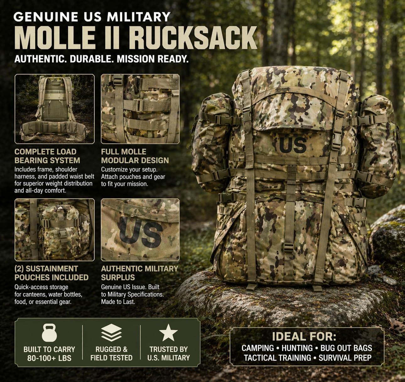 Genuine US Military Issue MOLLE II Rucksack – Large Tactical Pack w/Frame, OCP Multicam Surplus Load Bearing System