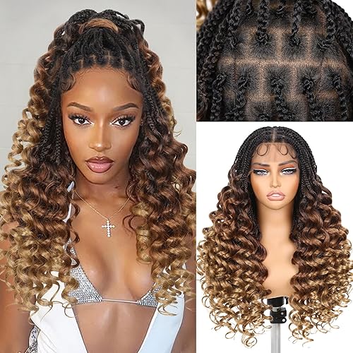 HANNE Braided Wigs for Black Women Double Full Lace Box Braided Wigs Synthetic Wavy Glueless Braid Wig with Baby Hair 3D Curls Braided Wig 24 Inch (1B/30/27, Wavy-24)