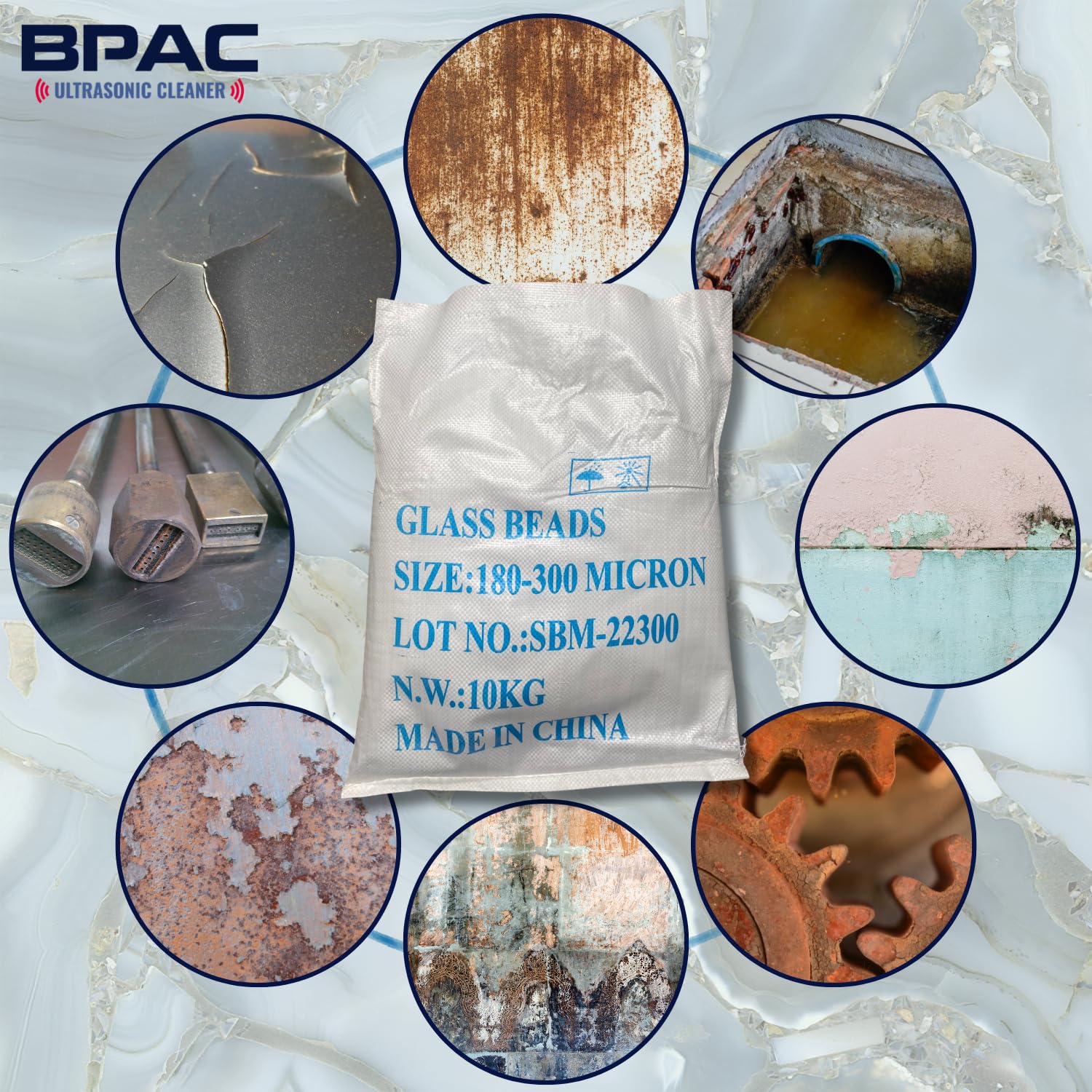 BPAC Microbilles de Verre Pour Sablage 10 KG - Microbilles à Utiliser avec Cabine de Sablage - Granulométrie 180 à 300 microns - Sac de 10 KG