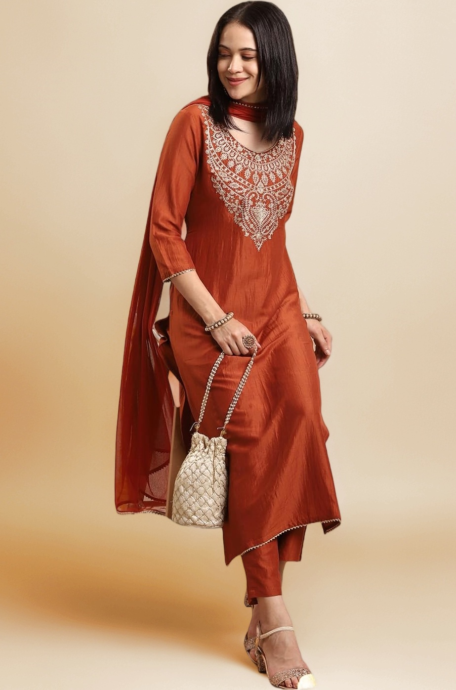 Women's Rayon Viscose Embroidered Straight Kurta with Pant & Dupatta
