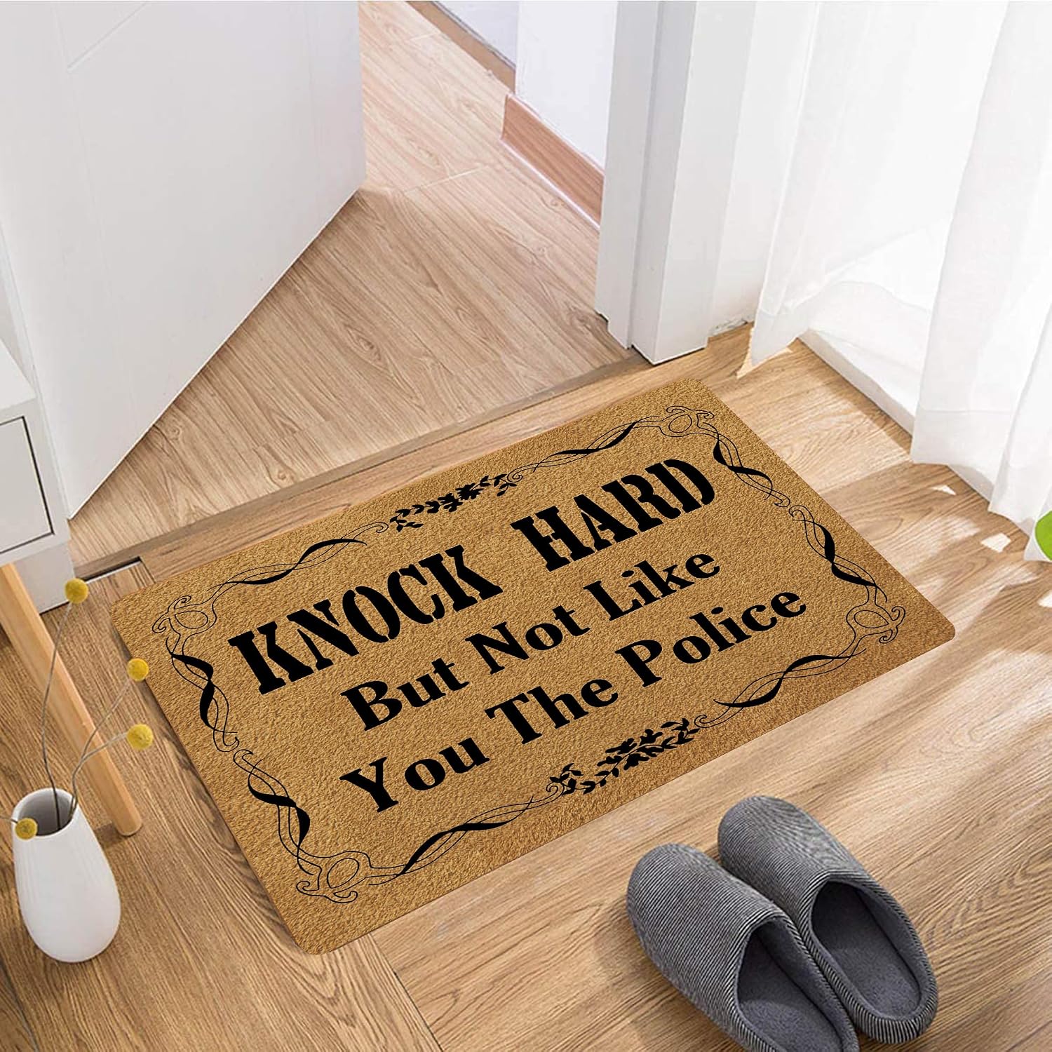 FunXiLin Funny Welcome Doormat for Home Decor (29.5 x17.7 inch) Gift Mat with Anti-Slip Rubber Back Funny Rugs Personalized Doormat for Entrance Way (Knock Hard But Not Like You The Police)