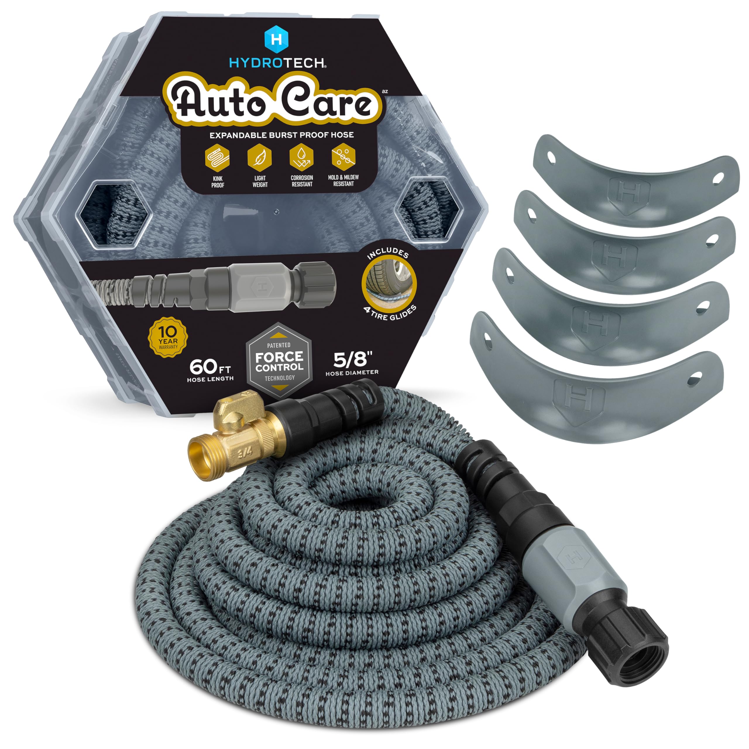 Hydrotech 60 ft Garden Hose – Patented Force Control, Burst-Proof, Lightweight, Flexible, No-Kink Design, 5/8", 4 Tire Hose Guides, Ideal for Car Wash & Automotive Care