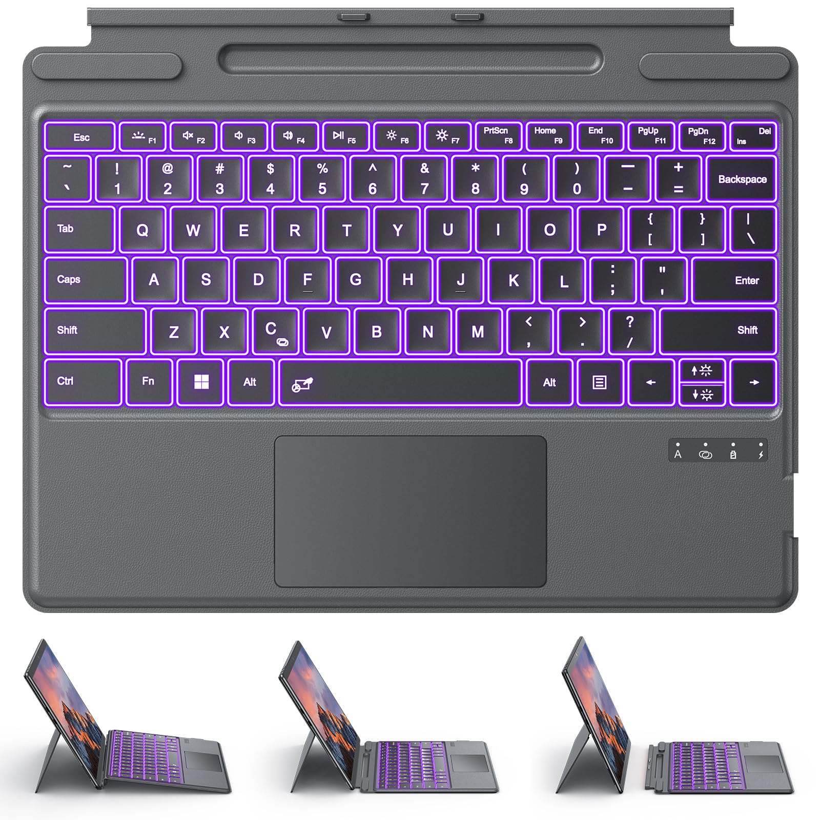 Bluetooth Keyboard for Microsoft Surface Pro 11/10/9/8/X 13 Inch ONLY, Grey | USB-C Rechargeable (Not Magnetic Charging), 7-Color Backlit, Type Cover with Trackpad & Pen Holder, Portable for Work, School-image-27