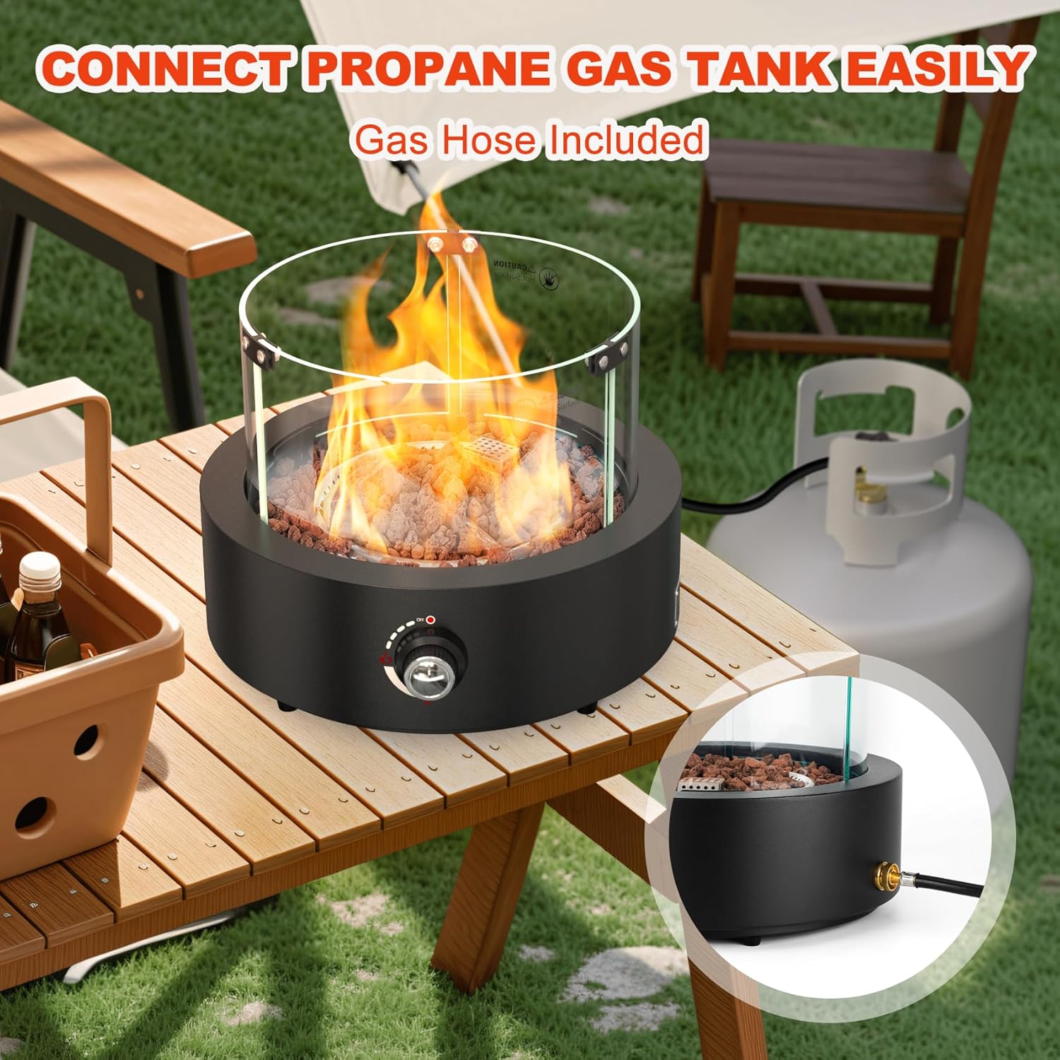 ONLYFIRE OUTDOOR LIVING 15.7" Portable Propane Gas Fire Pit Side-Mounted, Modern Tabletop Fireplace Smokeless Firepit with Glass Wind Guard for Patio Camping RV Tailgating, 23000BTU, Round FP038