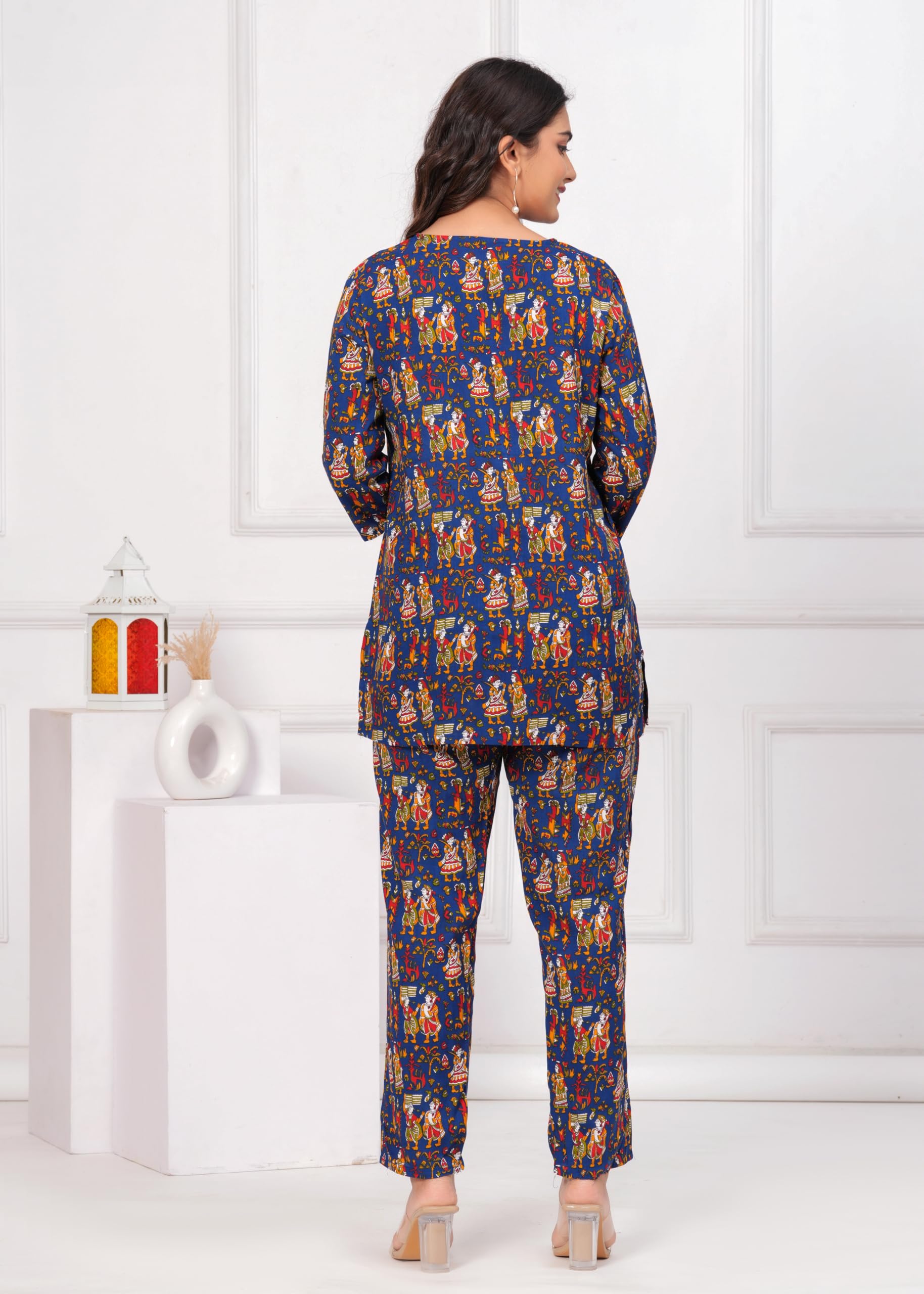 Jikonet Women Cotton Printed Co-Ord Set Kurta Set With Pant Set (Blue, Large)