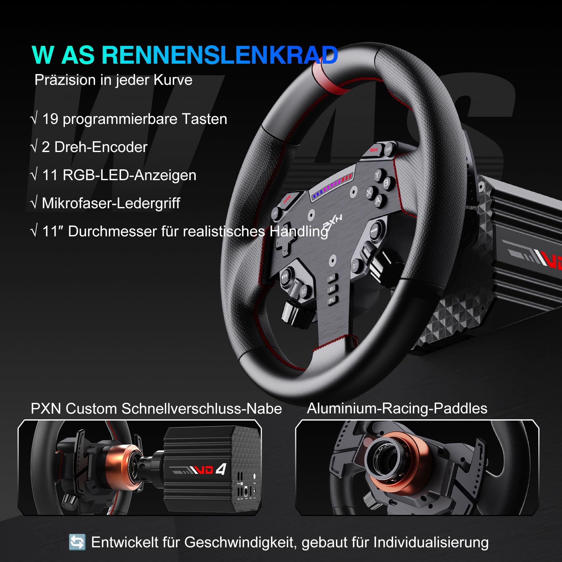 PXN VD4 Bundle Direct-Drive Gaming Lenkrad – 4 Nm Servo-Motor Basis, W AS Rennlenkrad, PD HM Bremse & Gaspedale, Tischklemme – Lenkrad kompatibel mit Windows-PC