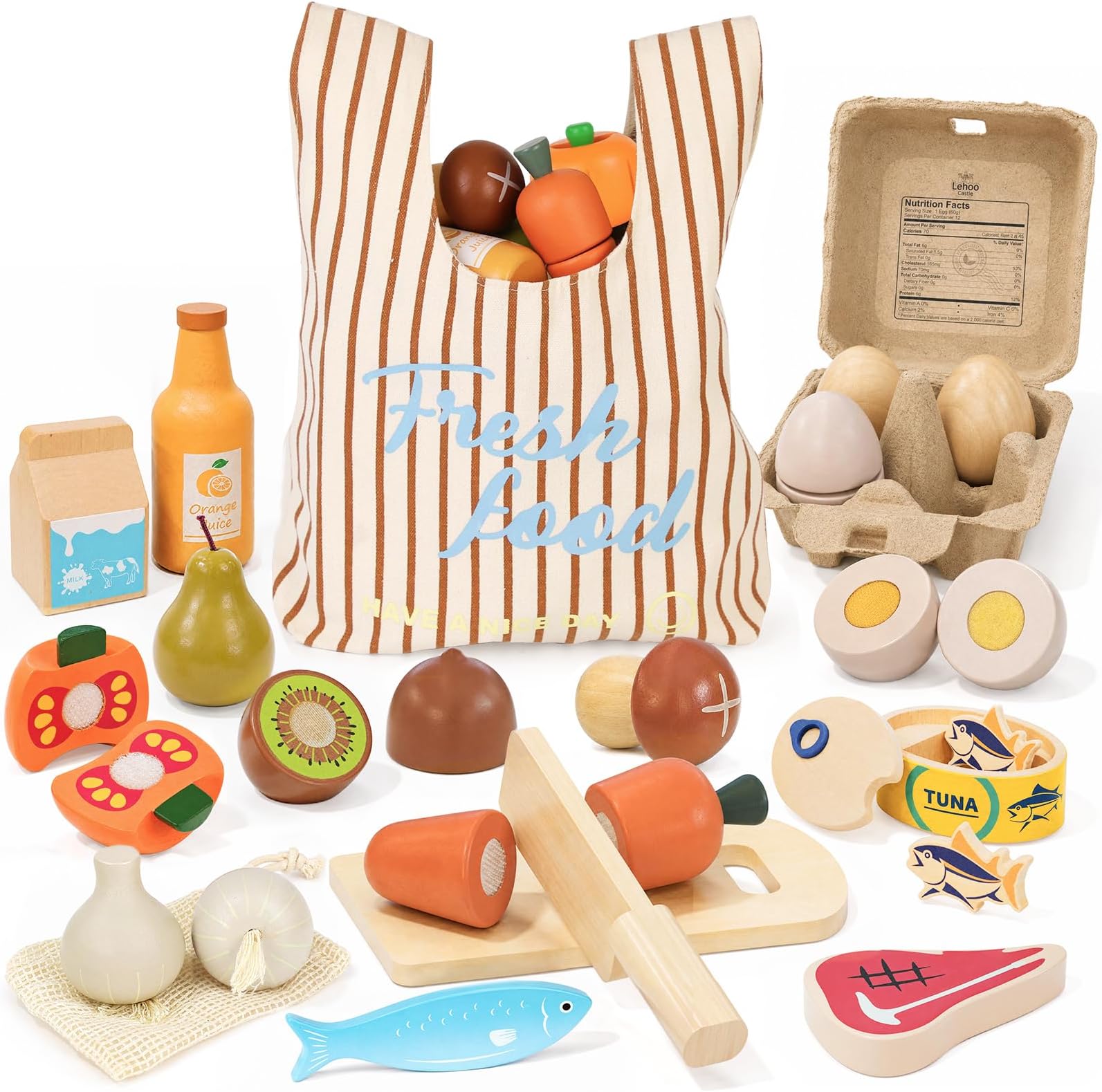 Lehoo Castle Wooden Play Food Sets for Kids Kitchen, Pretend Play Toys | Play Kitchen Accessories, Grocery Store, Cutting Fruits Vegetable Meat, with Shopping Bag, Gift for Toddlers Girl Boy 3+
