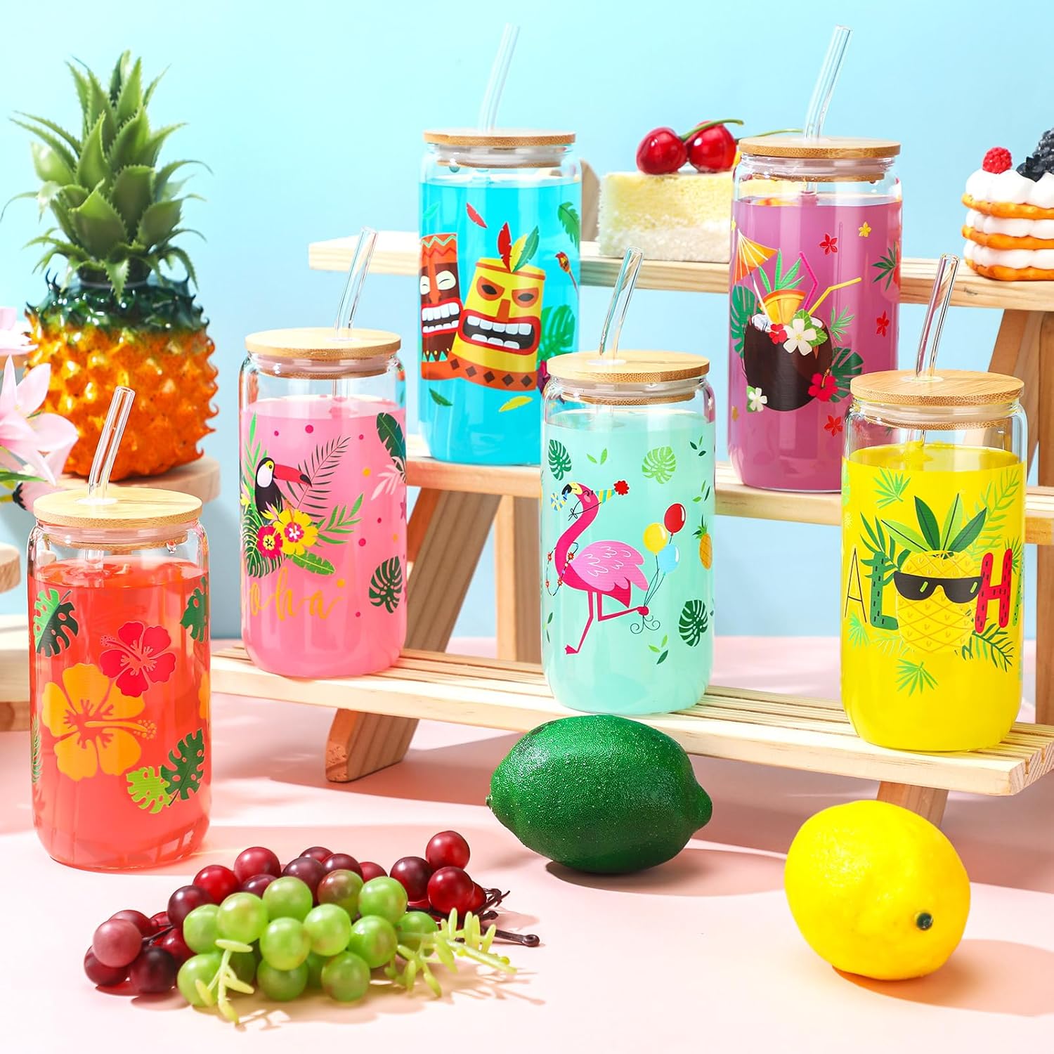 Layhit 6 Pcs Summer Party Drinking Glass Cups Can Shaped Tropical Iced Coffee Glass Cups with Lids and Straws for Hawaiian Luau Summer Beach Pool Holiday Drinkware Beverage Juice(Hawaiian) - Image 5