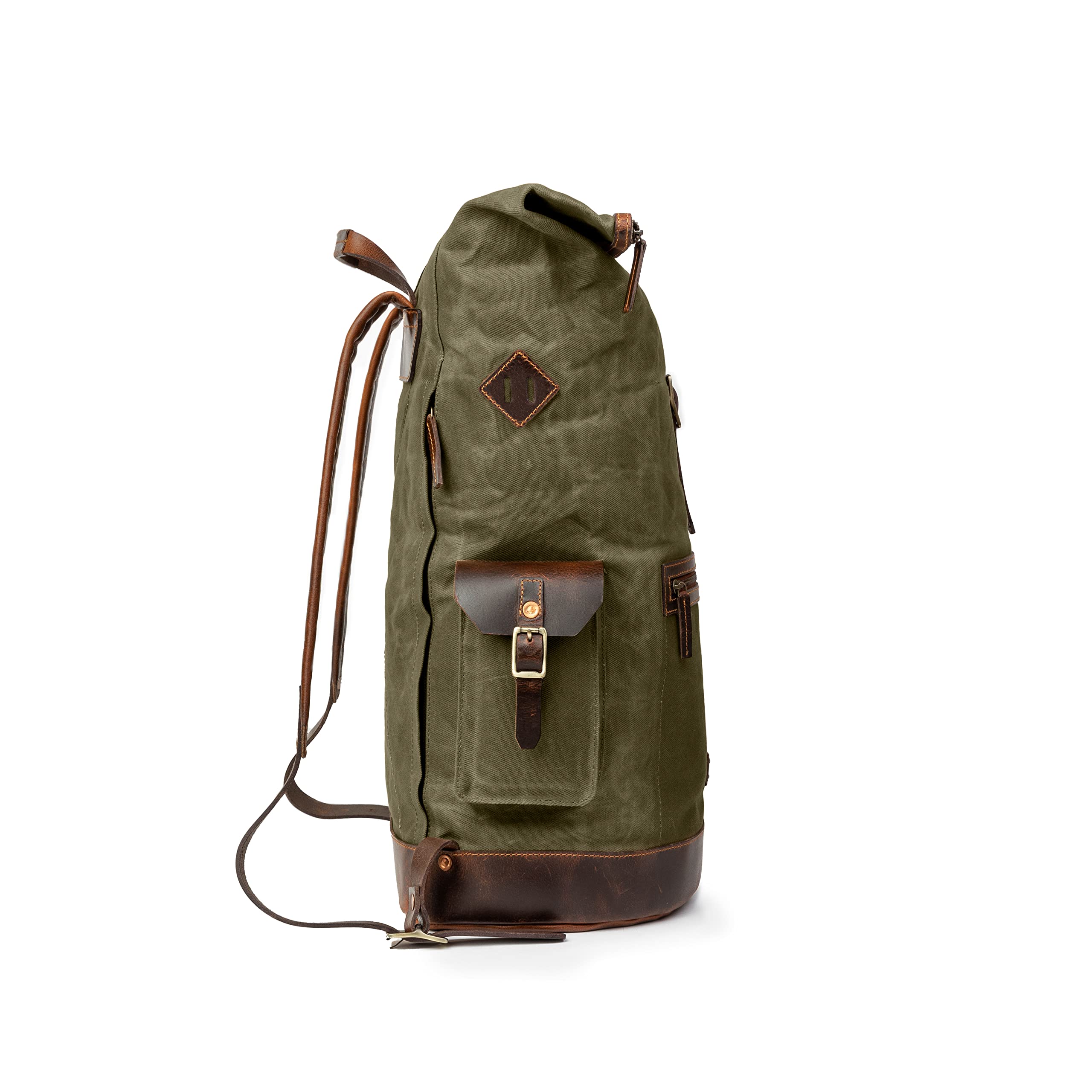 DRAKENSBERG Großer Reise Rucksack 'Dale' aus gewachstem Canvas mit Leder, wasserabweisend - Vintage-Design, bis 60L - Wald-Grün, DR00625