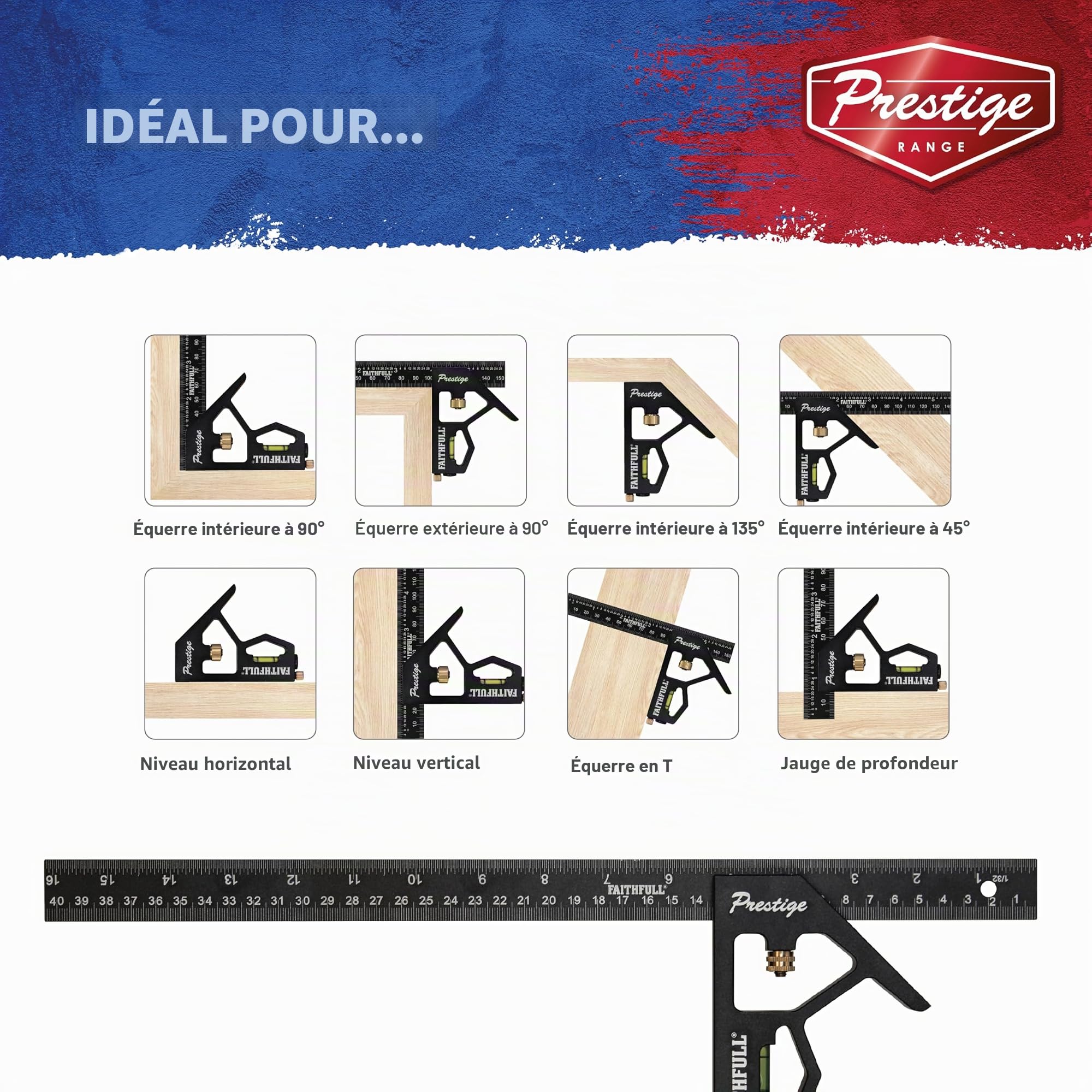 Équerre combinée Faithfull Prestige en aluminium noir 400 mm (16 po) – Outil multifonction de mesure et de traçage avec niveau à bulle et pointe à tracer pour le travail du bois et du métal