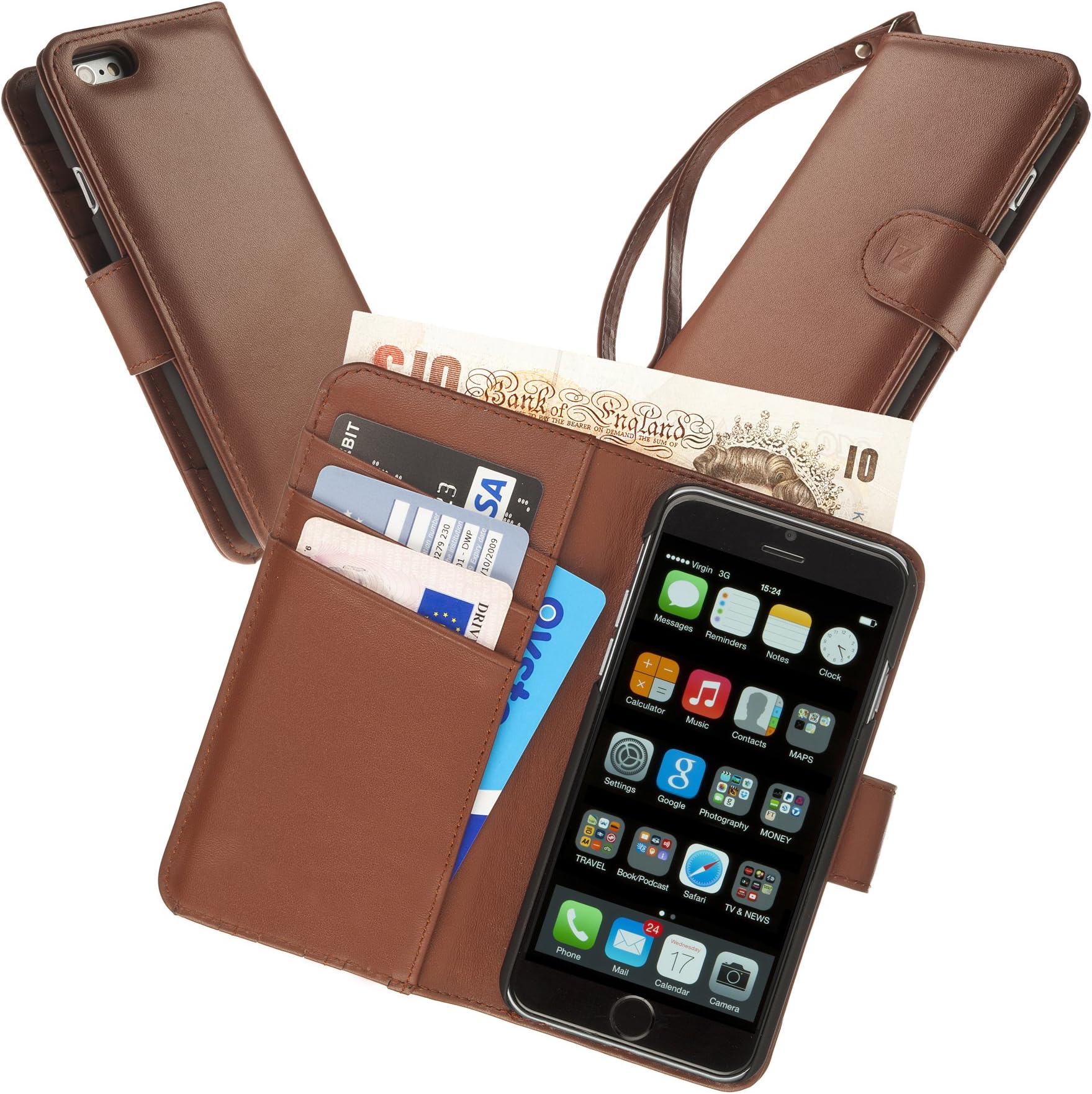 Fonerize I6-CWGS-EB Manhattan Real Leather Wallet Cover Case with Card Holder and Note Pocket for Apple iPhone 6/6S - Brown