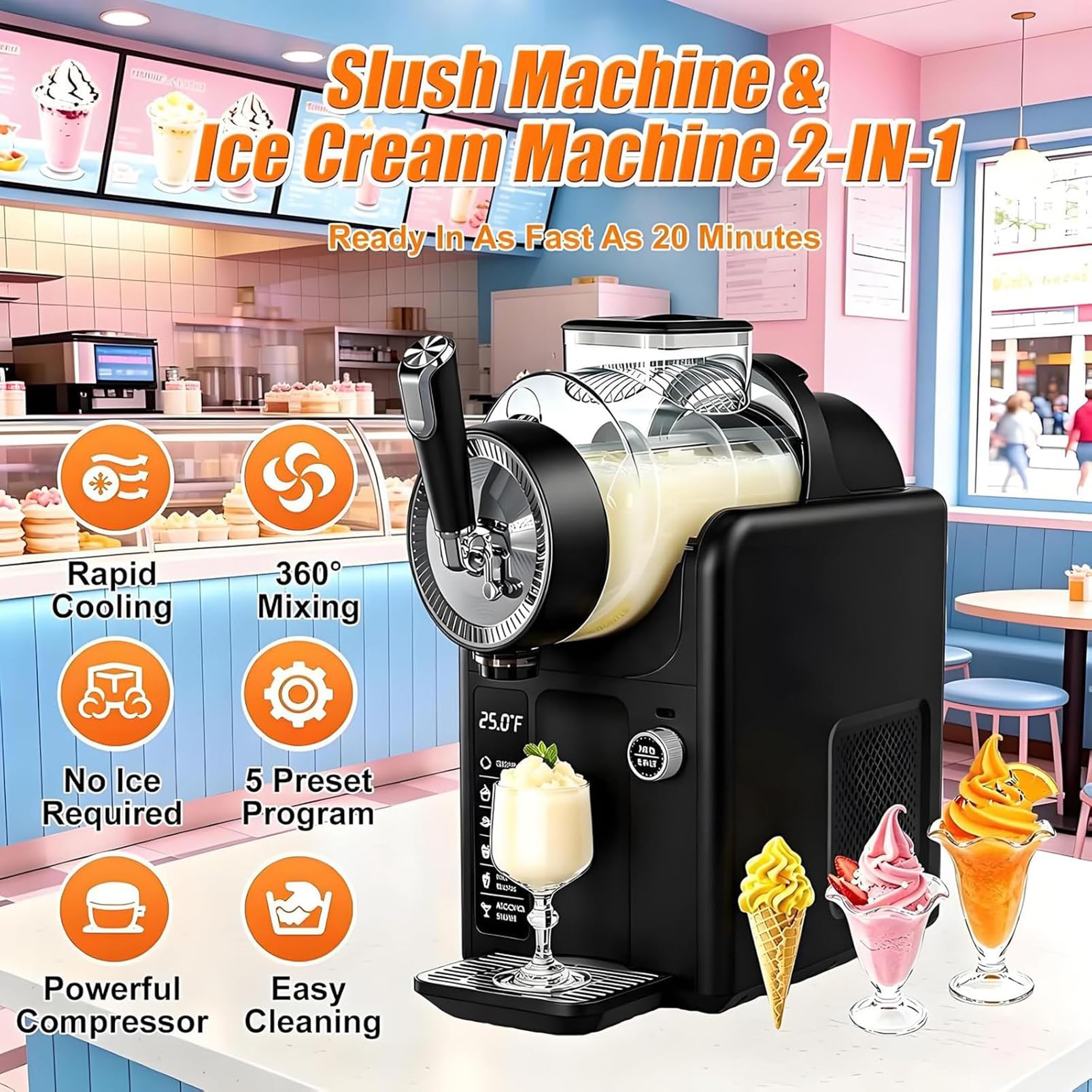 Máquina de Helado Suave de 2 Litros, Máquina de Granizados con 5 Modos Preestablecidos, No Necesita Hielo, Máquina de Bebidas Congeladas Autolimpiante Para Fiestas, Cafeterías y Reuniones Famil black