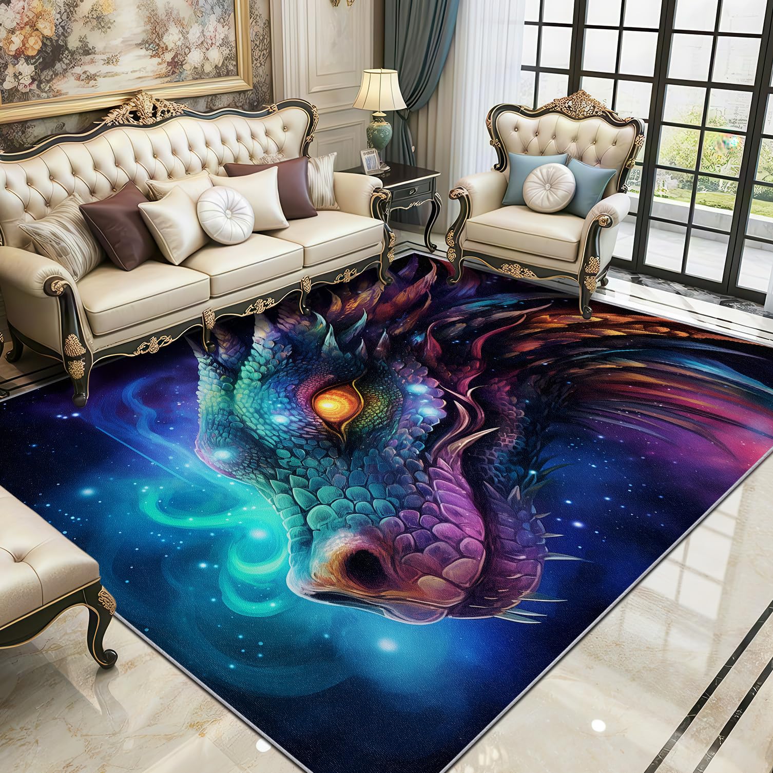 Dragon Area Rugs for Living Room 80x150 - Fantasy Animal Rug for Bedroom, Boys Kids Non Slip Washable Short Pile Carpet