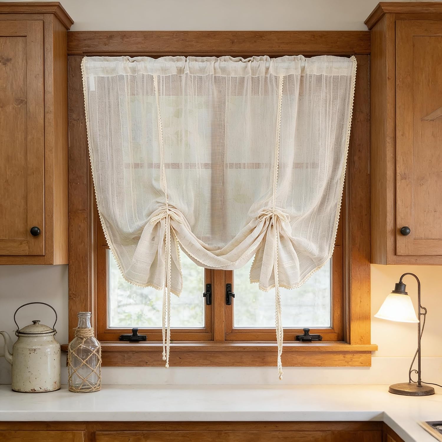 Gxi Tie-up Beige Striped Balloon Curtain for Kitchen Bathroom Rod Pocket Linen Voile Sheer Roman Curtain with Cotton Crochet Knitting Lace Farmhouse Valance 1 Panel W39 x L39 inch