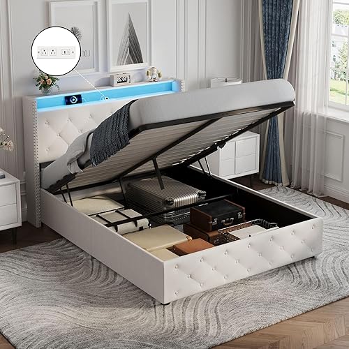 Vabches Base de cama tamaño Queen con cabecera LED, plataforma tapizada de terciopelo con luces y estación de carga, cabecera de almacenamiento con