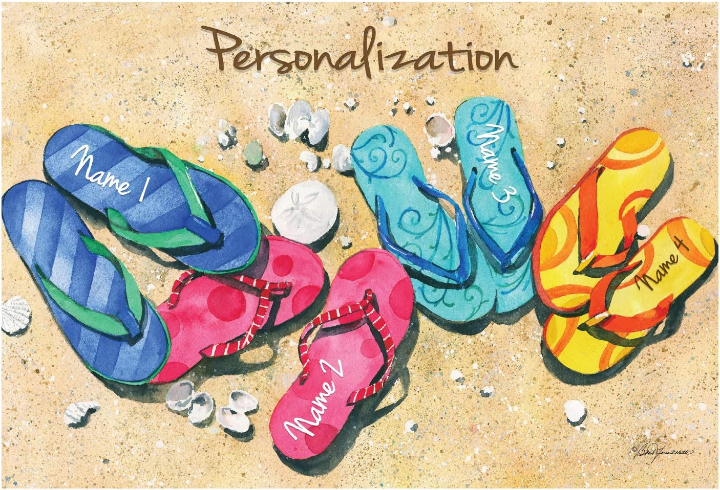 Personalized Planet Flip Flop of 4 Doormat with Custom Family Names Printed on Brown Rectangular 1/8” Thick Non Slip Mat for Kitchen Hallway Deck or Porch, 27x18