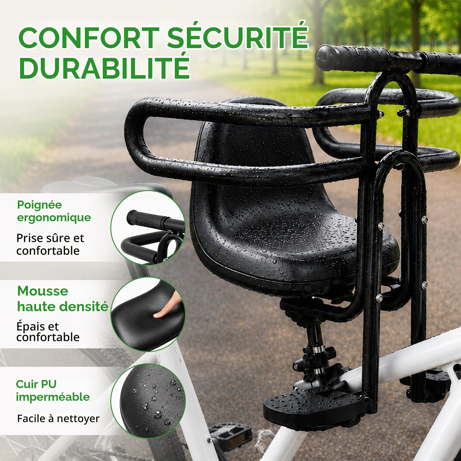 Siege Velo Enfant Avant, Siège Vélo Enfant Angle du Siège Réglable | avec Accoudoirs et Repose-pieds, Siège Bébé Avant pour VTT, Vélos de Ville et Vélos Pliants