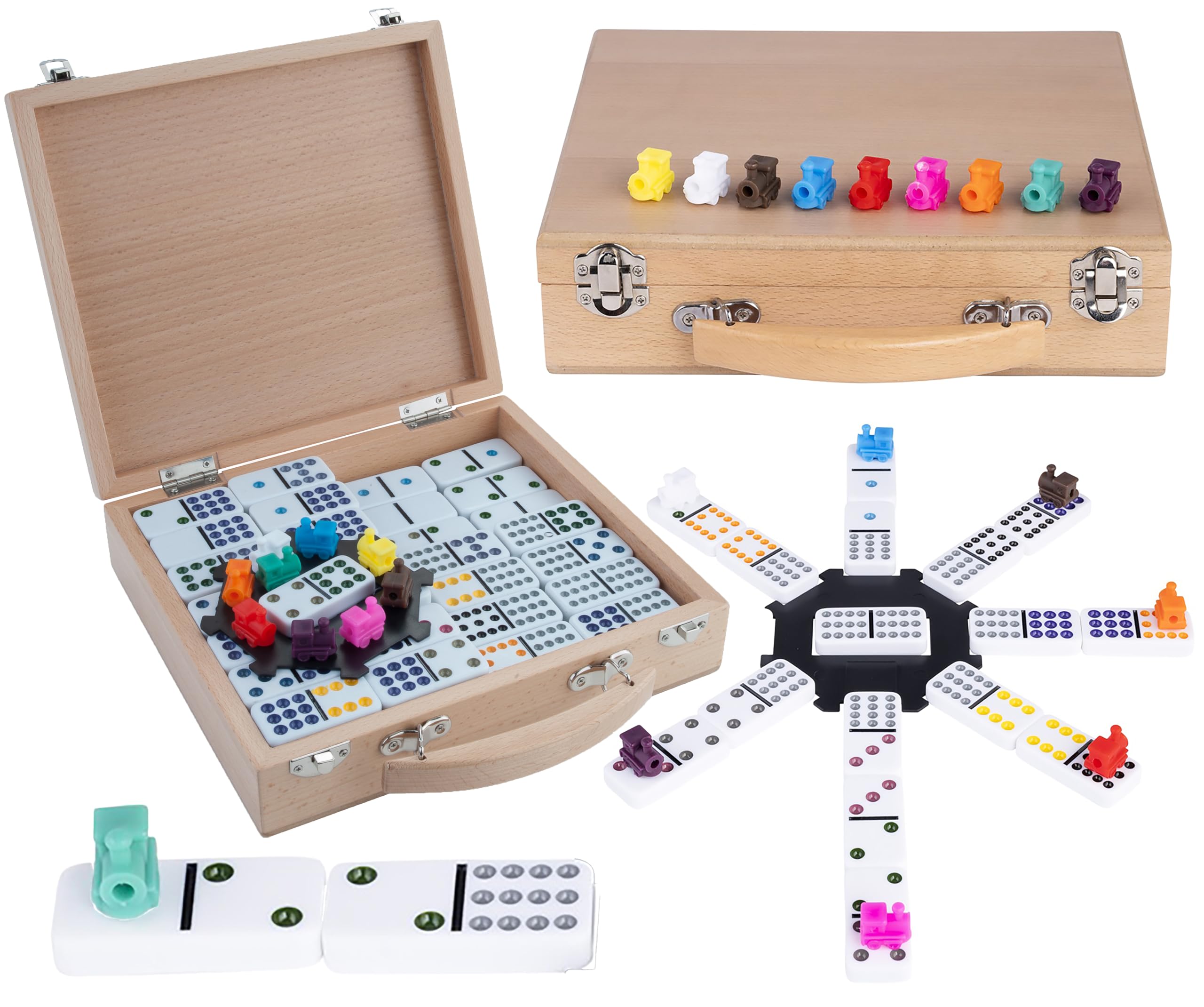 Engelhart – 250150 – Mexican Train – domino D12 – 91 elementów – drewniane pudełko – stacja i pociągi – gra 2–8 osób – 6+