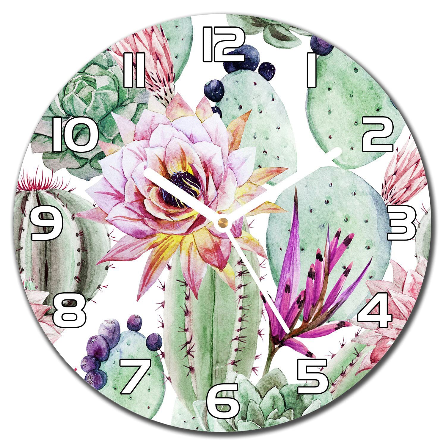 Horloge en verre aiguilles blanches 30 cm : motif floral cactus moderne