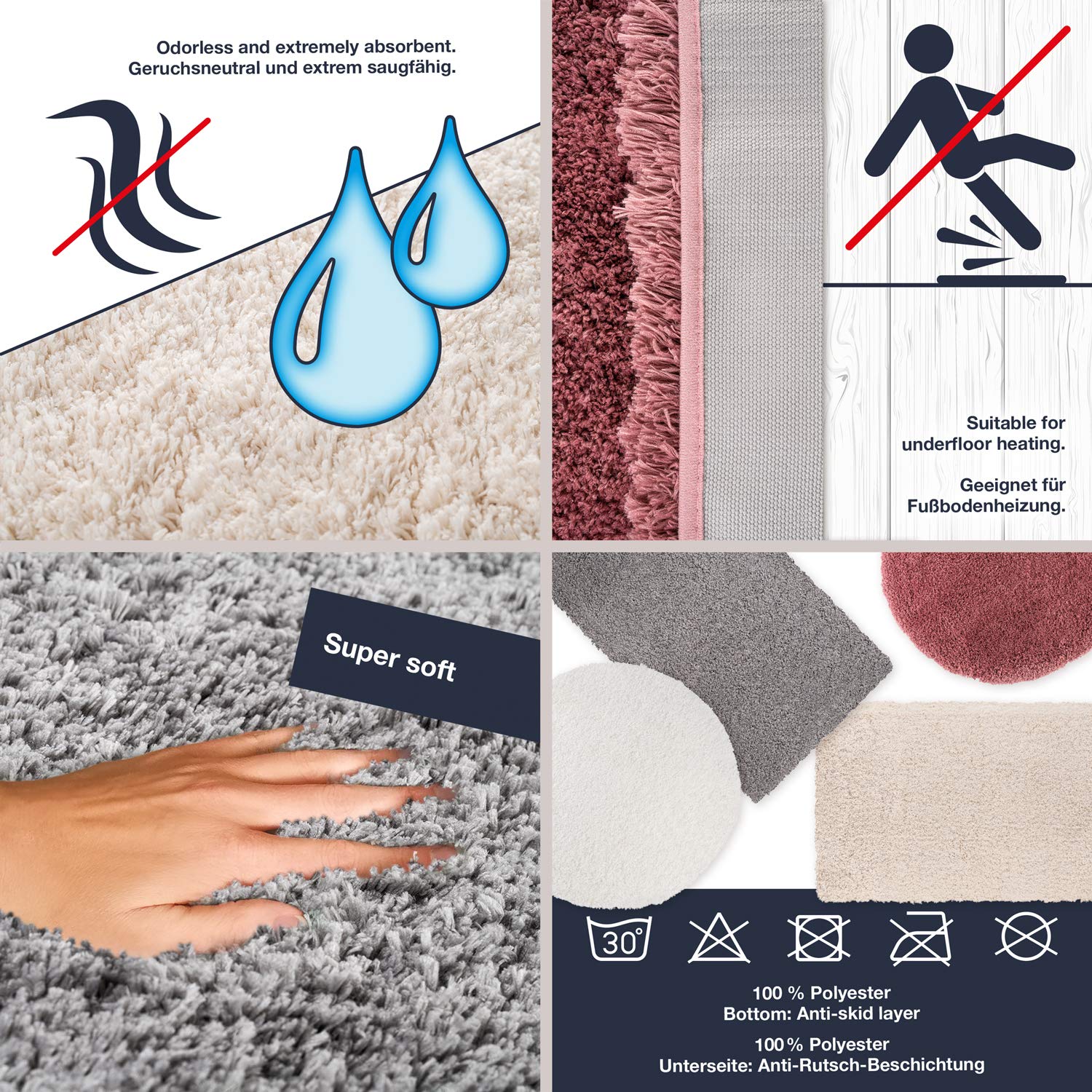 WohnDirect Premium Hochflor Badezimmerteppich Grau • Rutschfester & Extra Flauschiger Badvorleger • Badteppich, Badematte Rund Ø 70 cm