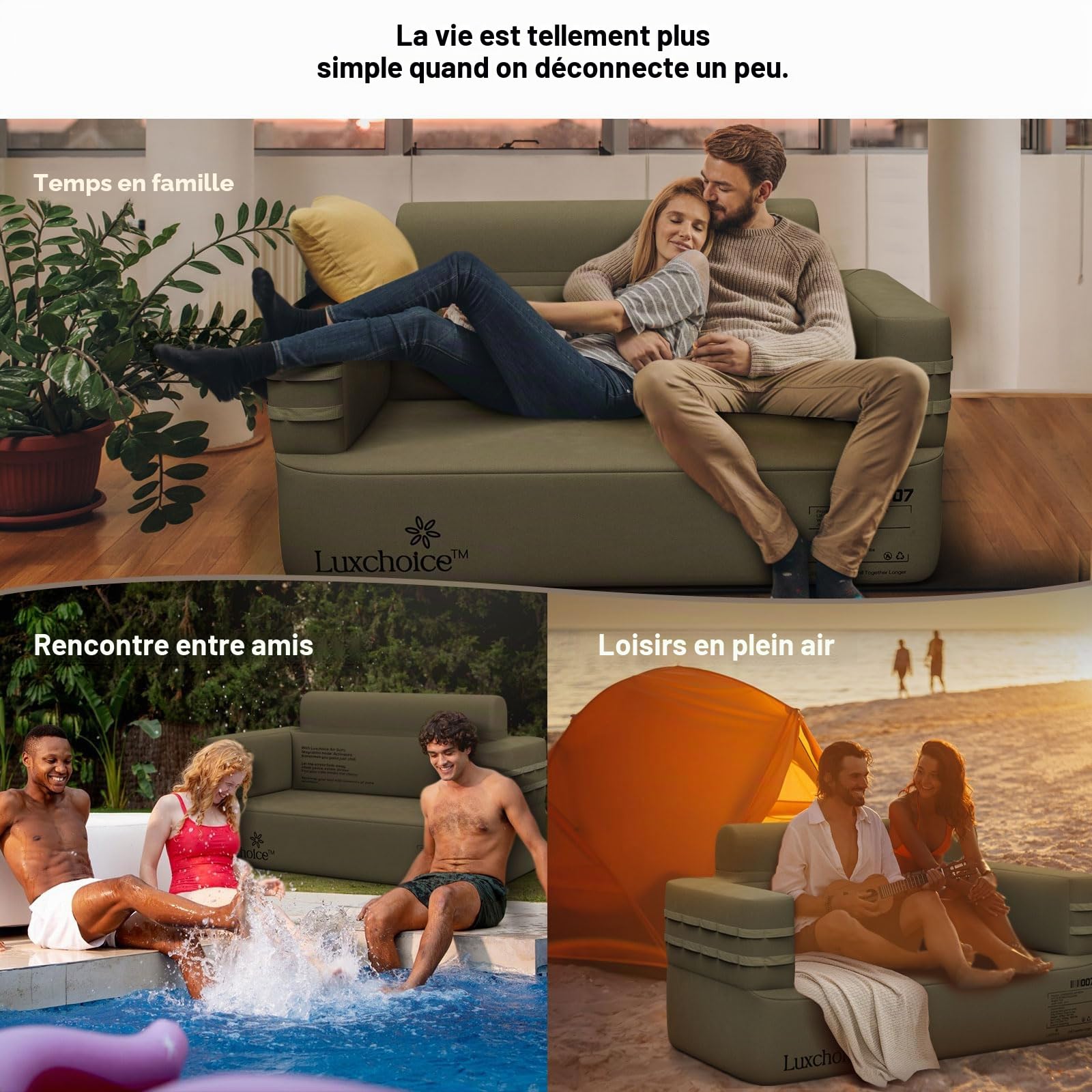 Luxchoice Canapé Gonflable Convertible 2 Place avec USB Pompe 400KG Max | Gonflez Pendant 3 à 5 Minutes, Pompe Détachable, Air Sofa Couch 1000D tissu Oxford, Fauteuil de Camping Gonflable Extérieur