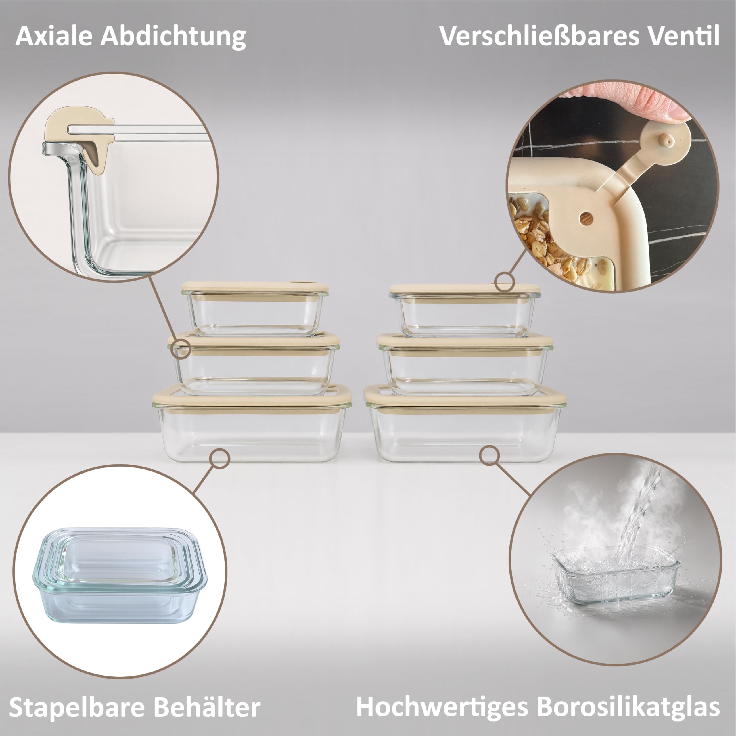 Glas Frischhaltedosen Set 6 Stück - 100% Glas mit Glasdeckel BPA frei PFAS frei - Glasbehälter luftdicht - Vorratsdosen Glas - Meal Prep Boxen - Küchen Organizer - Mikrowellengeeignet
