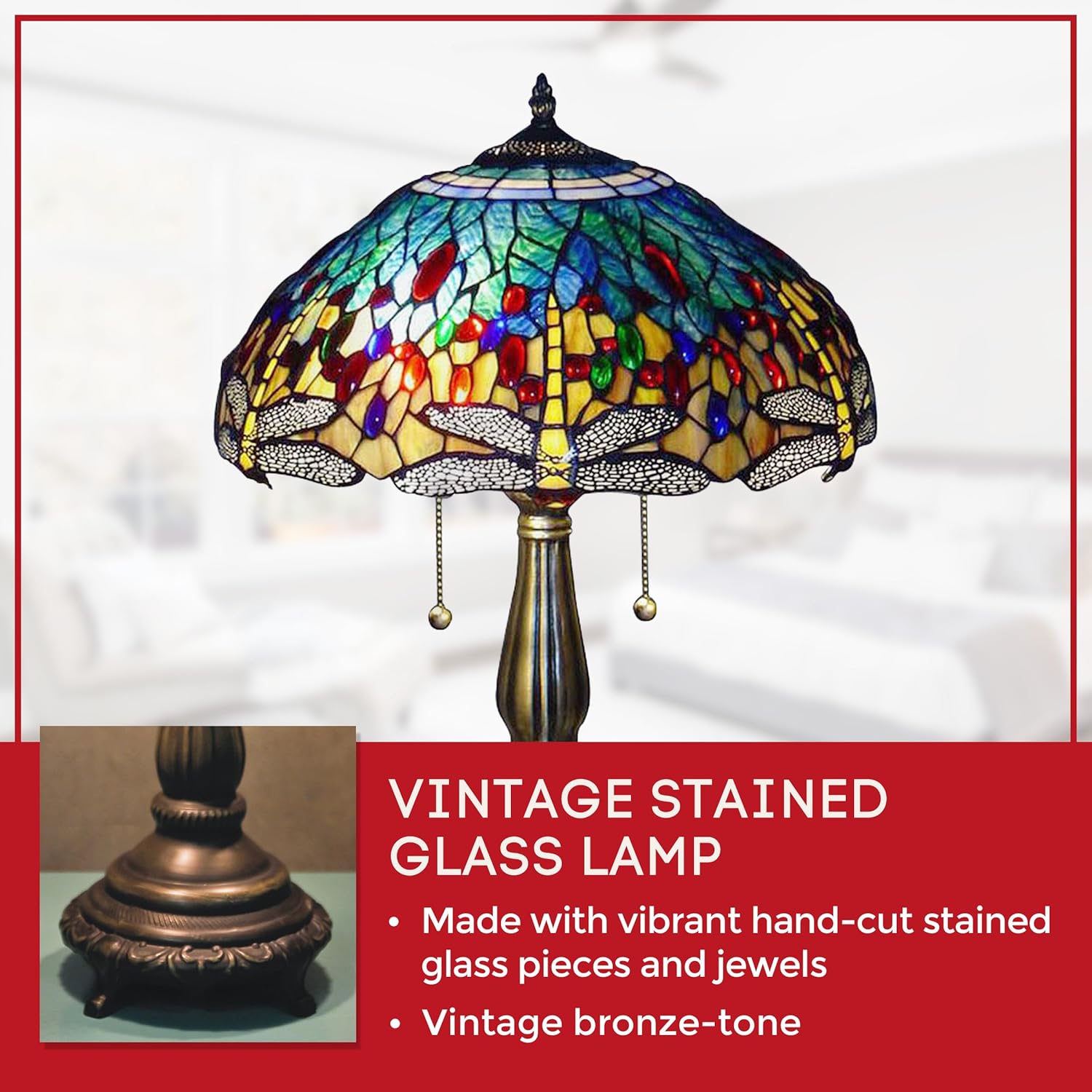 Serena D'italia Tiffany Table Lamp - Yellow Dragonfly Antique Desk Nightstand - Blue and Yellow Glass Nightstand Lamp - 22-inch Tall Stained Glass Lamp