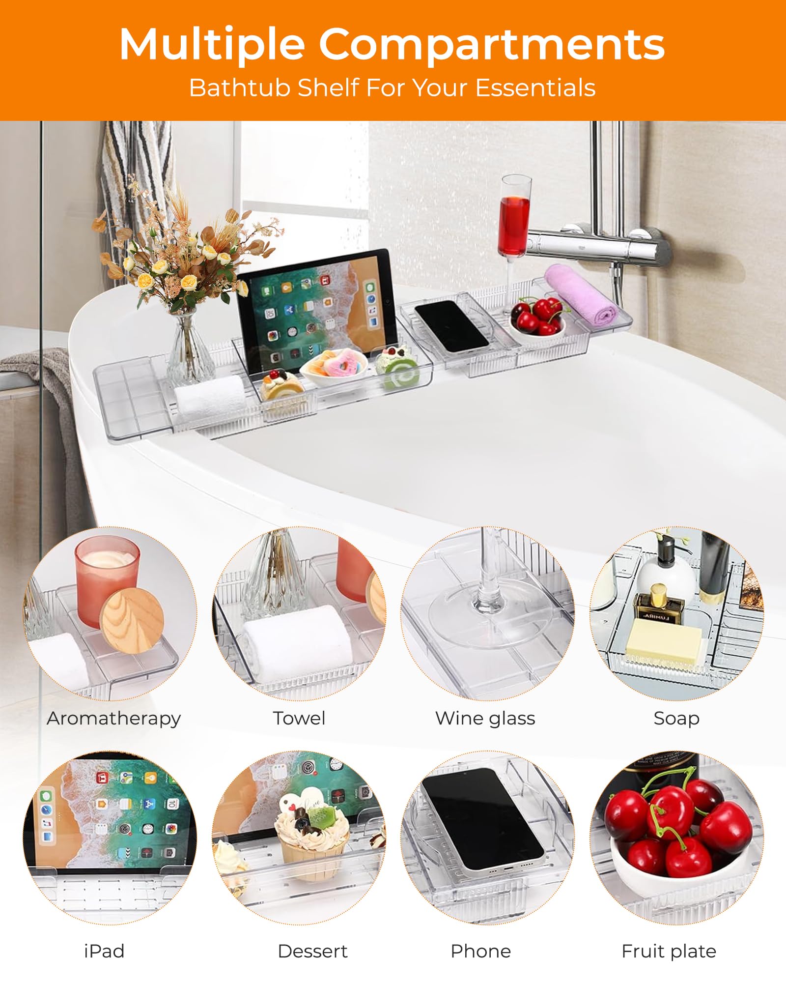 Vassoio Per Vasca Da Bagno Regolabile In Acrilico - Per IPad, Bicchieri, Libri, Con Scomparti, Trasparente