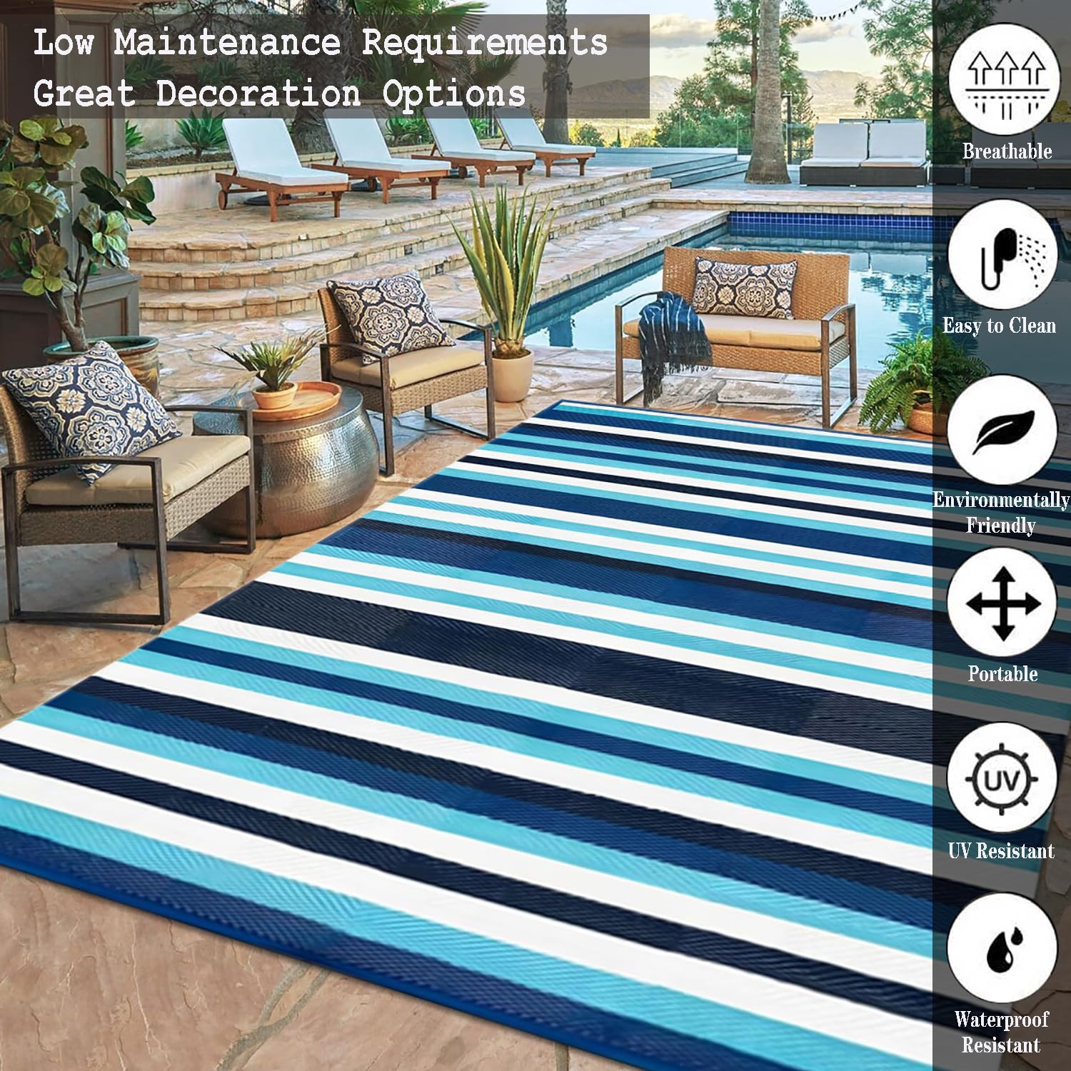 Tapis Imperméable Rayé Bleu,120x180 Petits Tapis Rectangulaire,Tapis de Jardin en Plastique Pliable,Tapis de Sol de Camping Réversible,Tapis Extérieur pour Terrasse,Balcon,Pique-Nique,Plage
