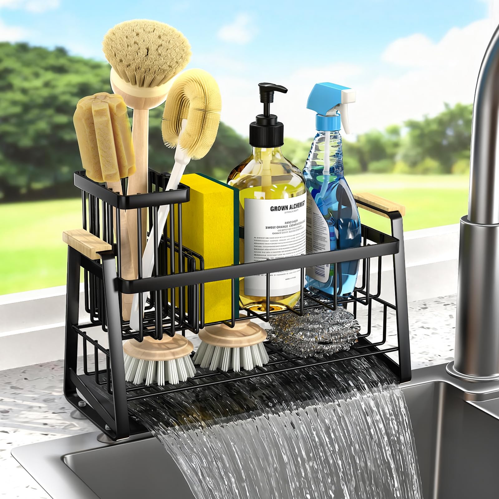 Housolution Sponge Holder for Kitchen Sink 2-Tier Sink Caddy Organizer with Flexible High Brush Holder Kitchen Countertop Storage