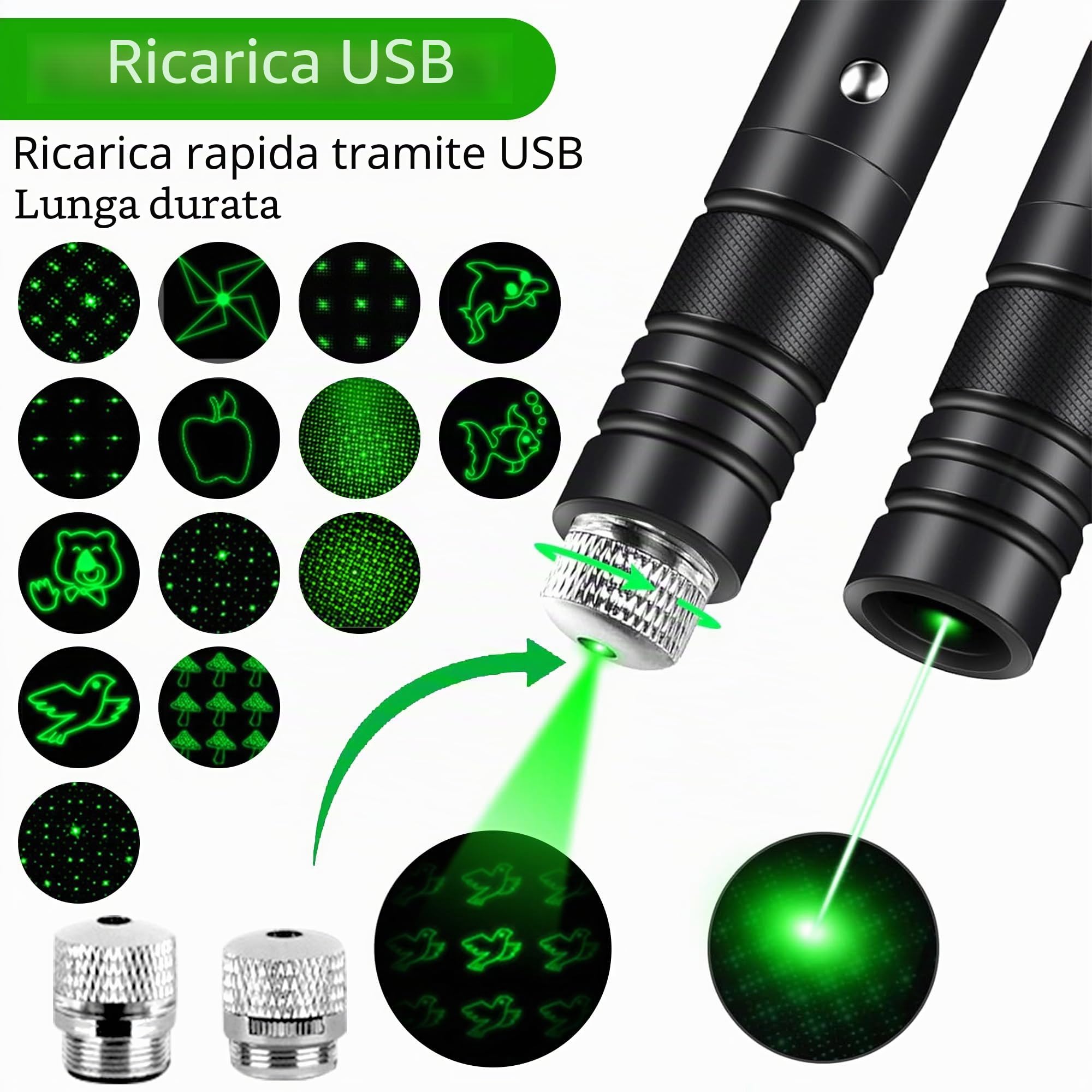 Torcia a LED con luce verde – potente puntatore verde con cappuccio a 2 stelle intercambiabile, indicatore ricaricabile USB, penna da presentazione per astronomia, edilizia, attività