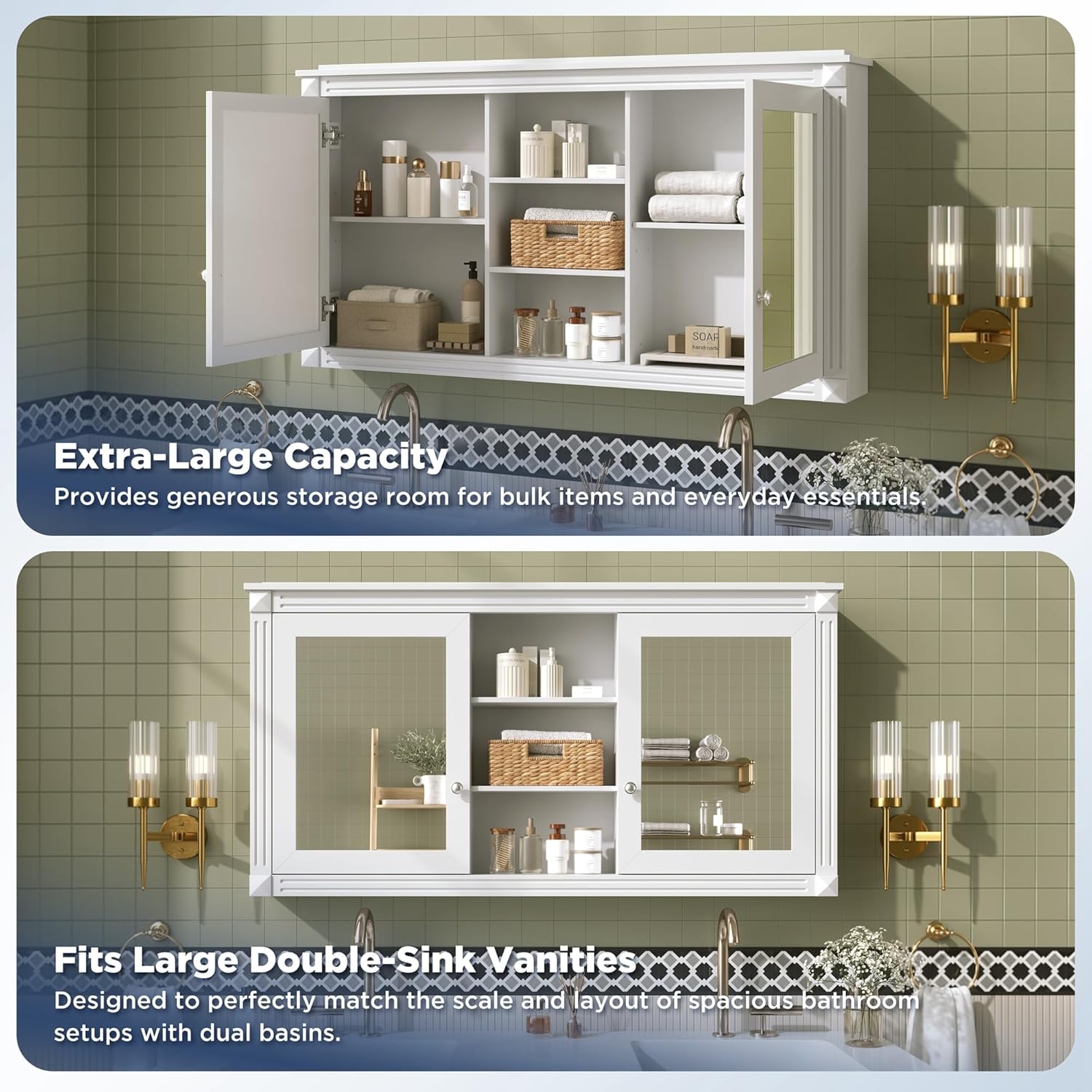 55" Wall-Mounted 2-in-1 Mirror Cabinet with HD Mirror, Adjustable Shelves & Soft-Closing Hinges, Multi-Purpose Storage Organizer for Bathroom, Living Room & Bedroom, White