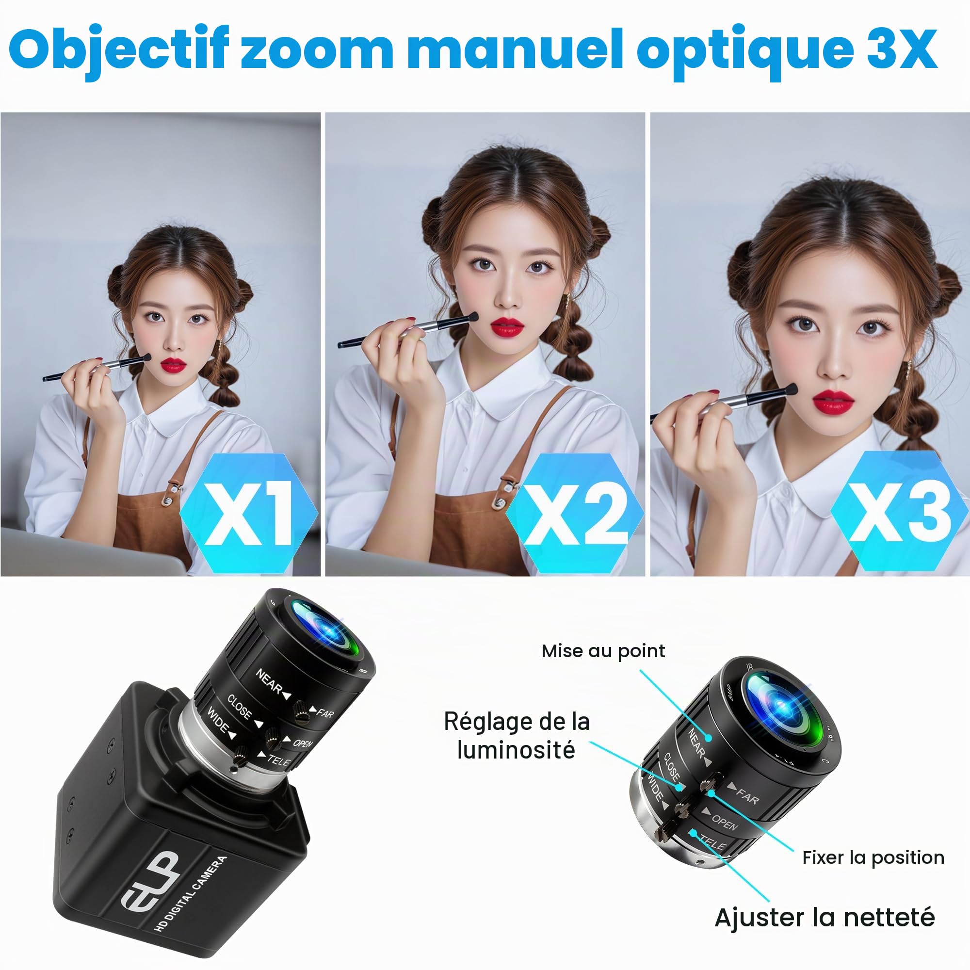 Caméra USB ELP 120 FPS 4K 12 mégapixels Webcam USB Caméra de Swing de Golf Haute Vitesse avec Objectif Zoom Optique Manuel 3X Gros Plan PC Ordinateur pour la Diffusion en Direct de projets
