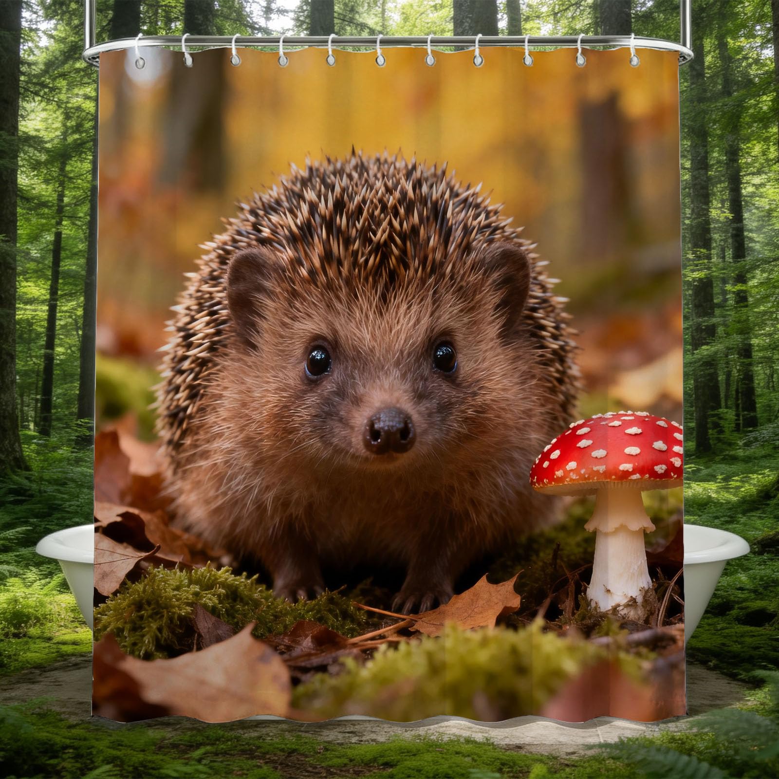 Hongduo 3D Forest Hedgehog Shower Curtain for Stalls Bathtubs Mushroom Bathroom Decor Shower Curtain Set Polyester Fabric Waterproof 180x200cm/71X79 Inch with Hooks