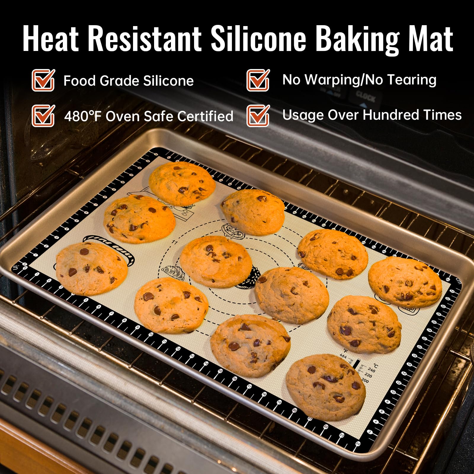 Extra dicke Silikon-Backmatte mit 10 einfachen Rezepten, Silikonmatte zum Backen, antihaftbeschichtete Gebäckmatte für Teigrollen, Macaron, Kekse, Brot, Pizza, Fondant/Kuchenkruste, ofen- und