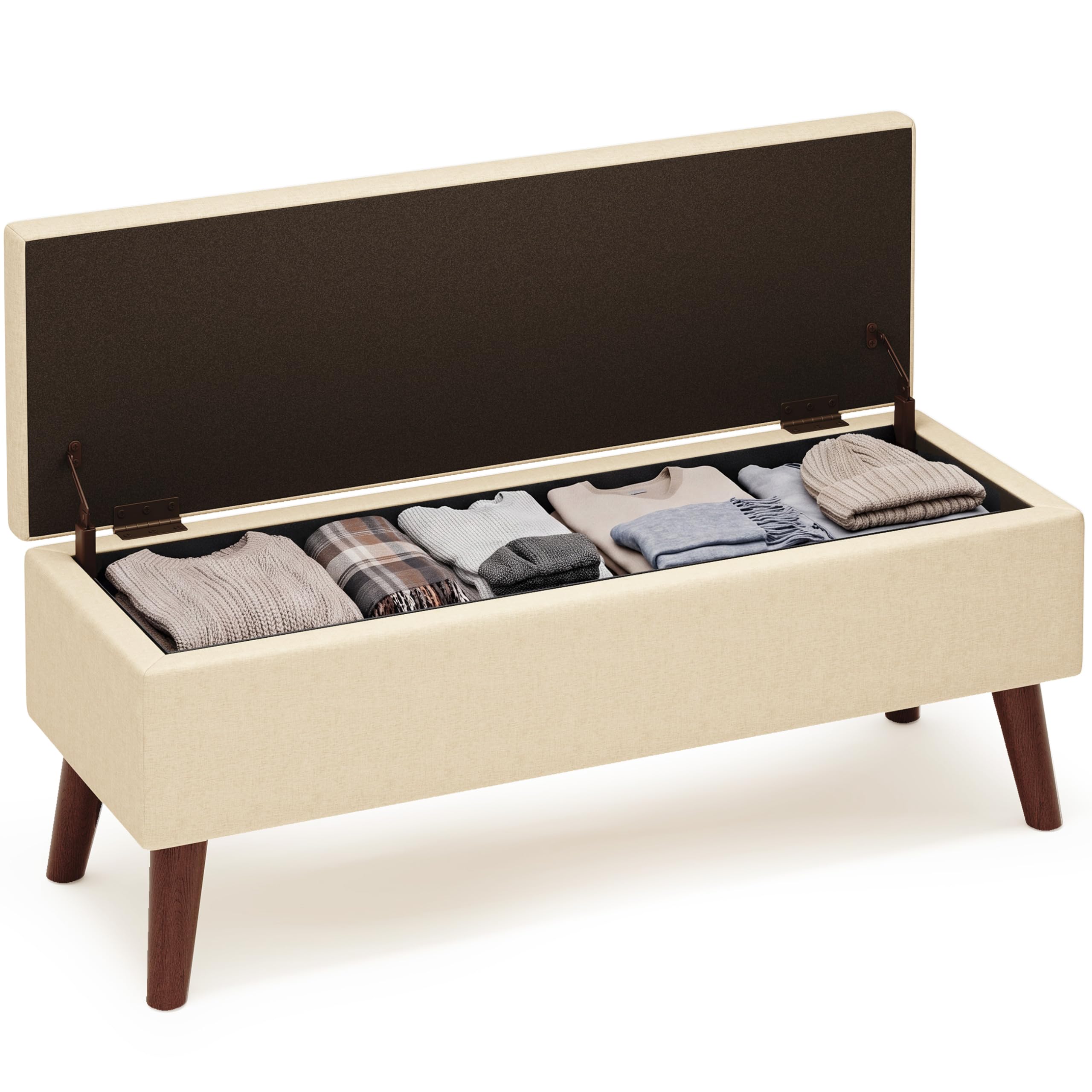 Banco Almacenamiento Baúl Puff Tapizado 110 cm Beige | Tapizado Aspecto Lino, Estructura Robusta y Estable, Ideal para Dormitorio, Pasillo y Salón