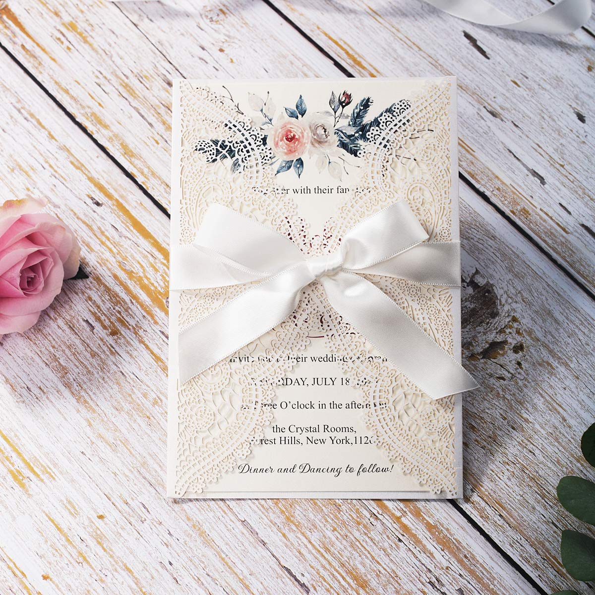 KUCHYNEE 5.12x7.28 Inch 50PCS Blank White Wedding Invitations Kit Laser Cut Hollow Lace Pocket and Bowknot Quinceanera Invitation Cards with Envelopes for Wedding Birthday Invite