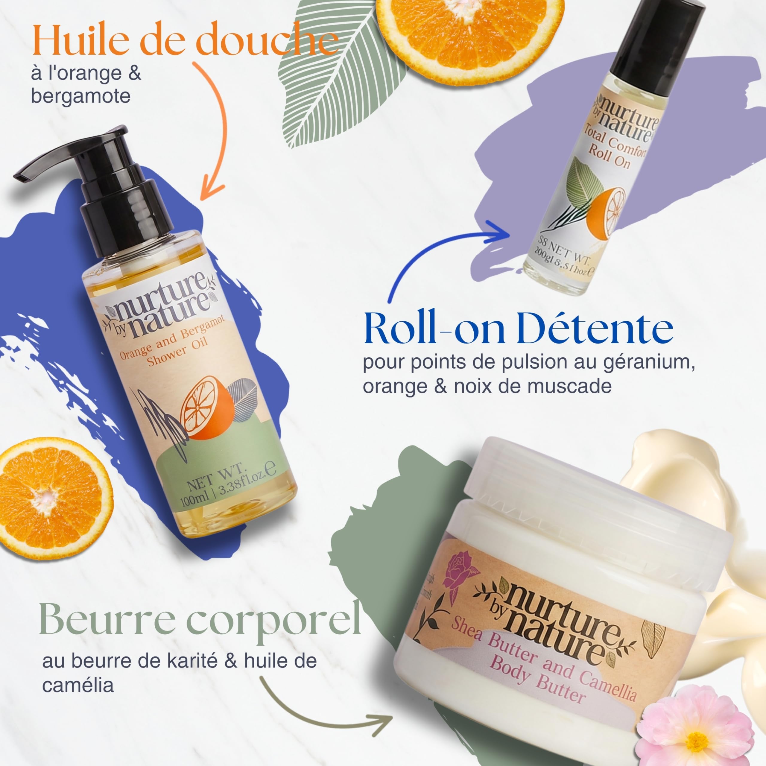 Nurture by Nature Botanicals Cadeaux maman, Beurre corporel, Huile de douche, Roll-on d'huile essentielle, Sels de bain d'Epsom, Masque les yeux en soie, Nouvelle maman, Cadeau de grossesse Orange