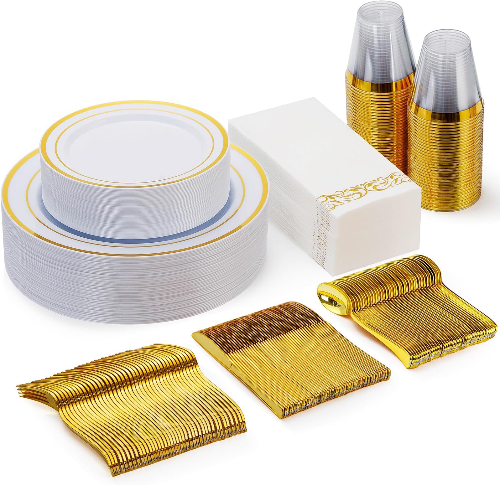 175 Pieces Gold Dinnerware Set for 25 Guests, Plastic Plates Disposable for Party, Include: 25 Dinner Plates, 25 Dessert Plates, 25 Paper Napkins, 25 Cups, 25 Gold Silverware Set