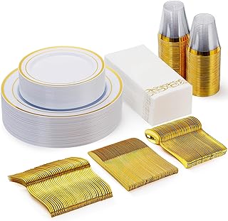 Goodluck 175 Pieces Gold Dinnerware Set for 25 Guests, Plastic Plates Disposable for Party, Include: 25 Dinner Plates, 25 ...