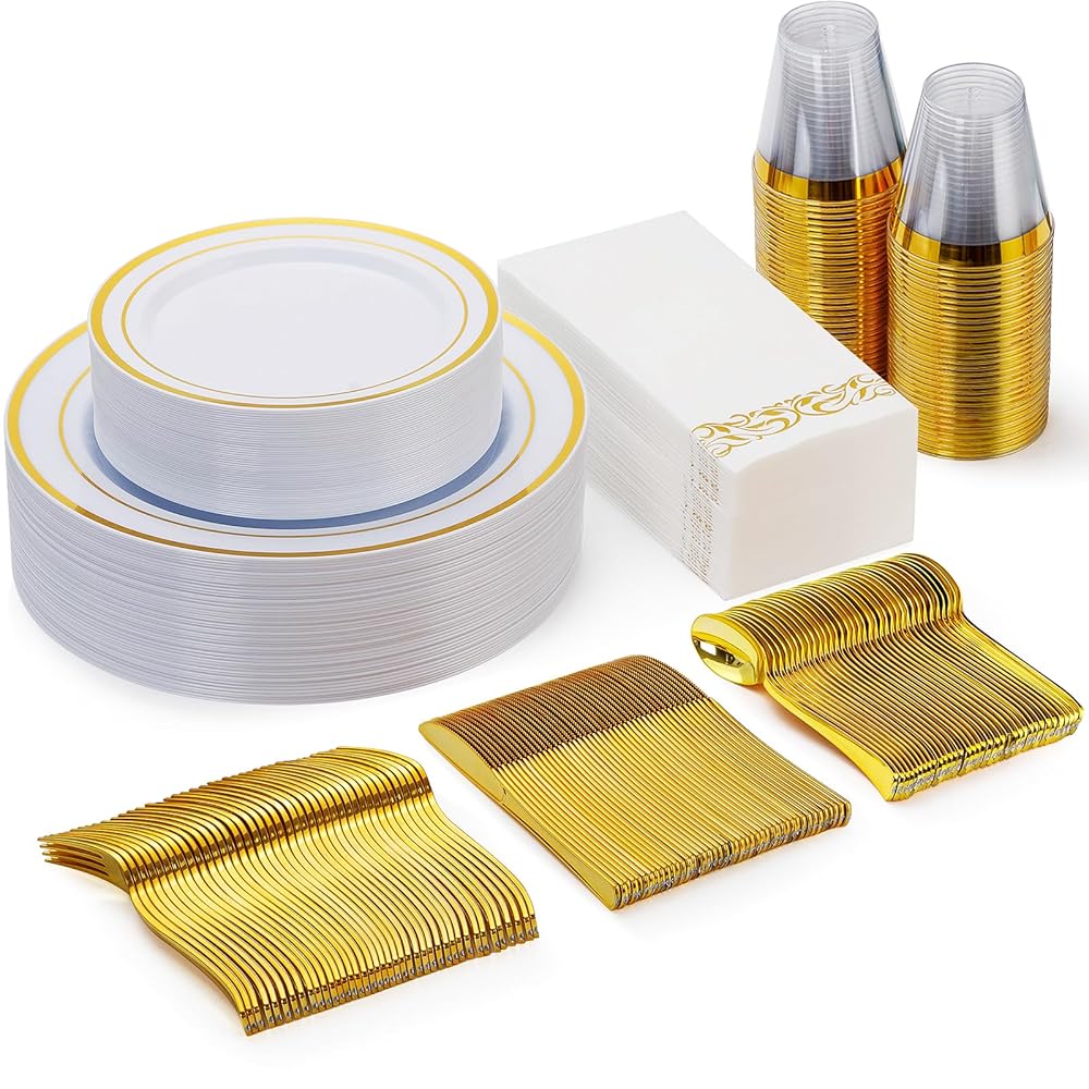 Goodluck 175 Piece Gold Dinnerware Set for 25 Guests, Plastic Plates Disposable for Party, Include: 25 Dinner Plates, 25 Dessert Plates, 25 Paper Napkins, 25 Cups, 25 Gold Silverware Set