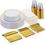 Goodluck 175 Piece Gold Dinnerware Set for 25 Guests, Plastic Plates Disposable for Party, Include: 25 Dinner Plates, 25 Dessert Plates, 25 Paper Napkins, 25 Cups, 25 Gold Silverware Set